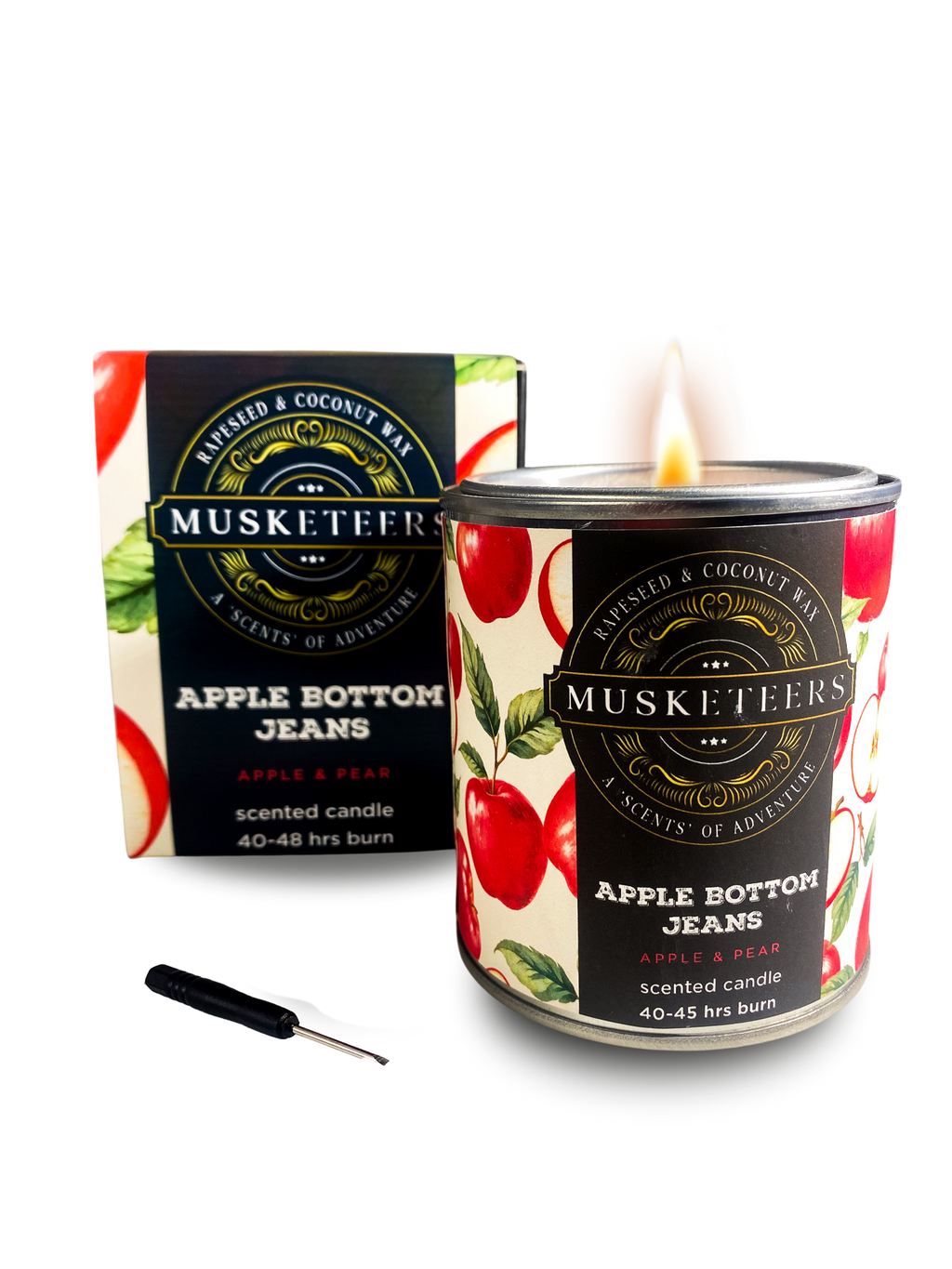 Musketeers Apple Bottom Jeans candle with apple and pear scent, featuring a decorative candle design in a glass jar.