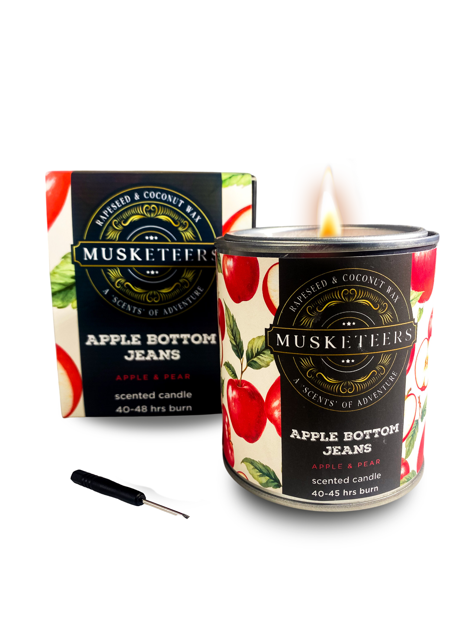Musketeers Apple Bottom Jeans candle with apple and pear scent, featuring a decorative candle design in a glass jar.
