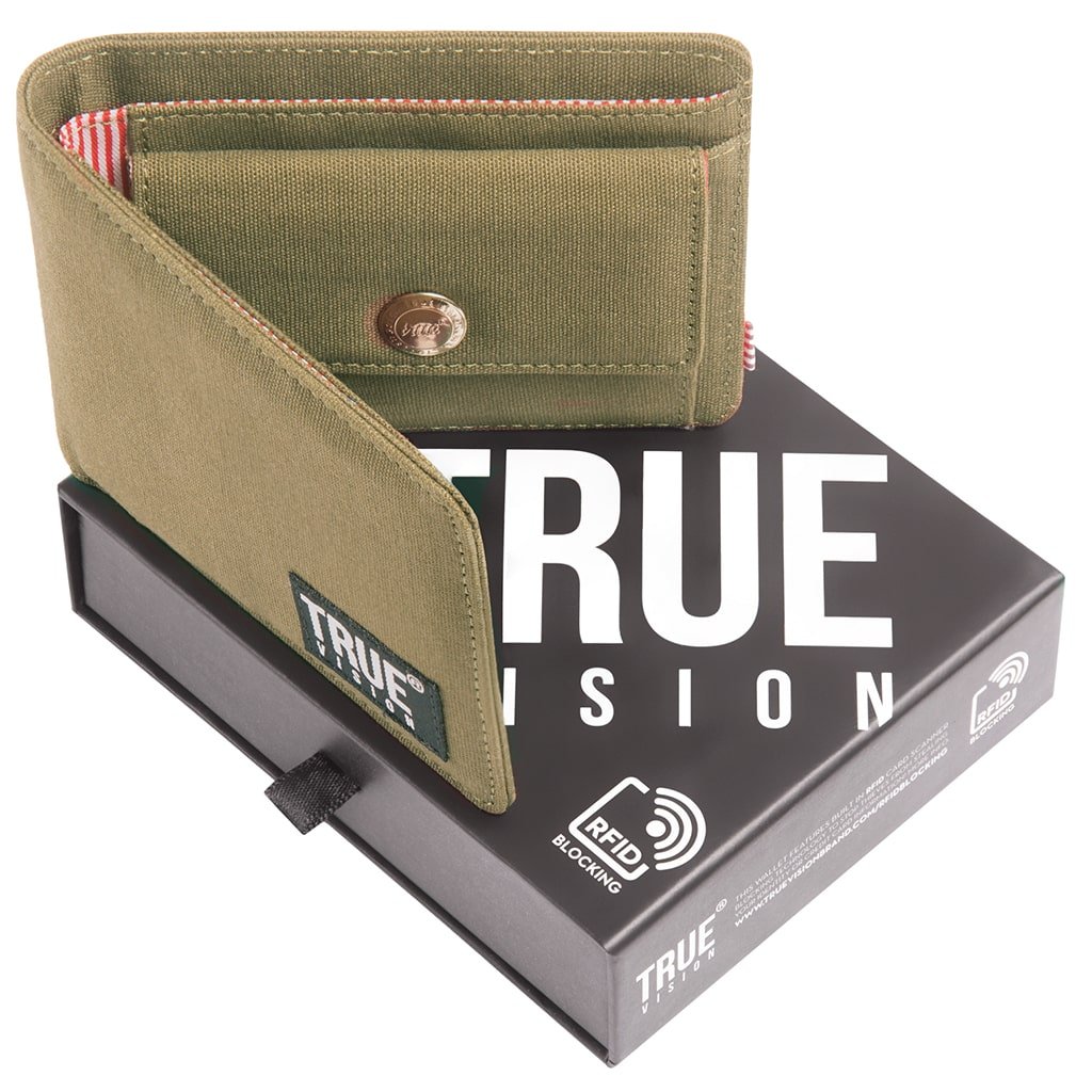 Army green truevisionbrand bi-fold wallet with multiple card slots and cash compartment, made of durable leather.