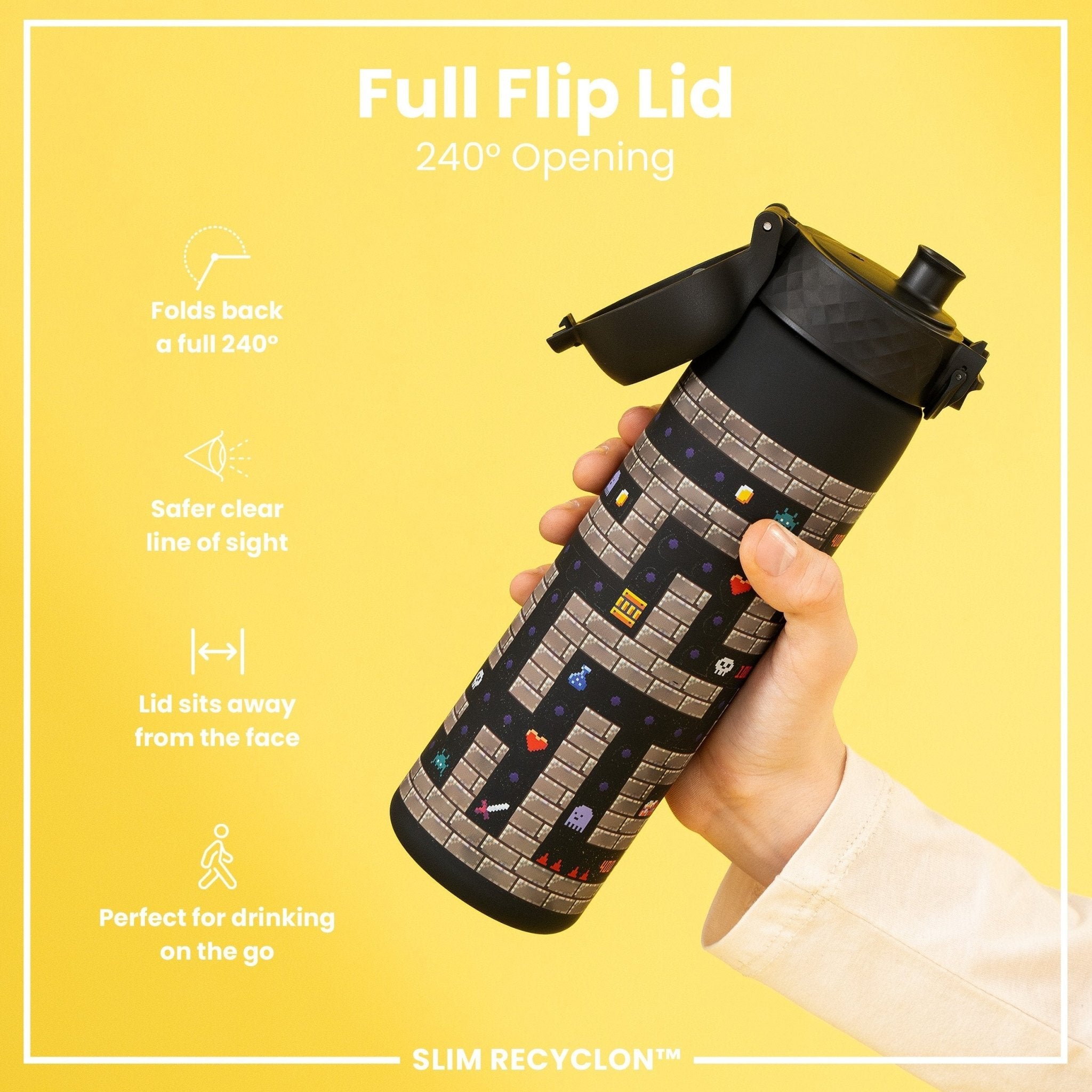 ION8 Recyclon leak-proof slim water bottle, 500ml (18oz), designed for gamers, with a sleek, recyclable water bottle appearance.