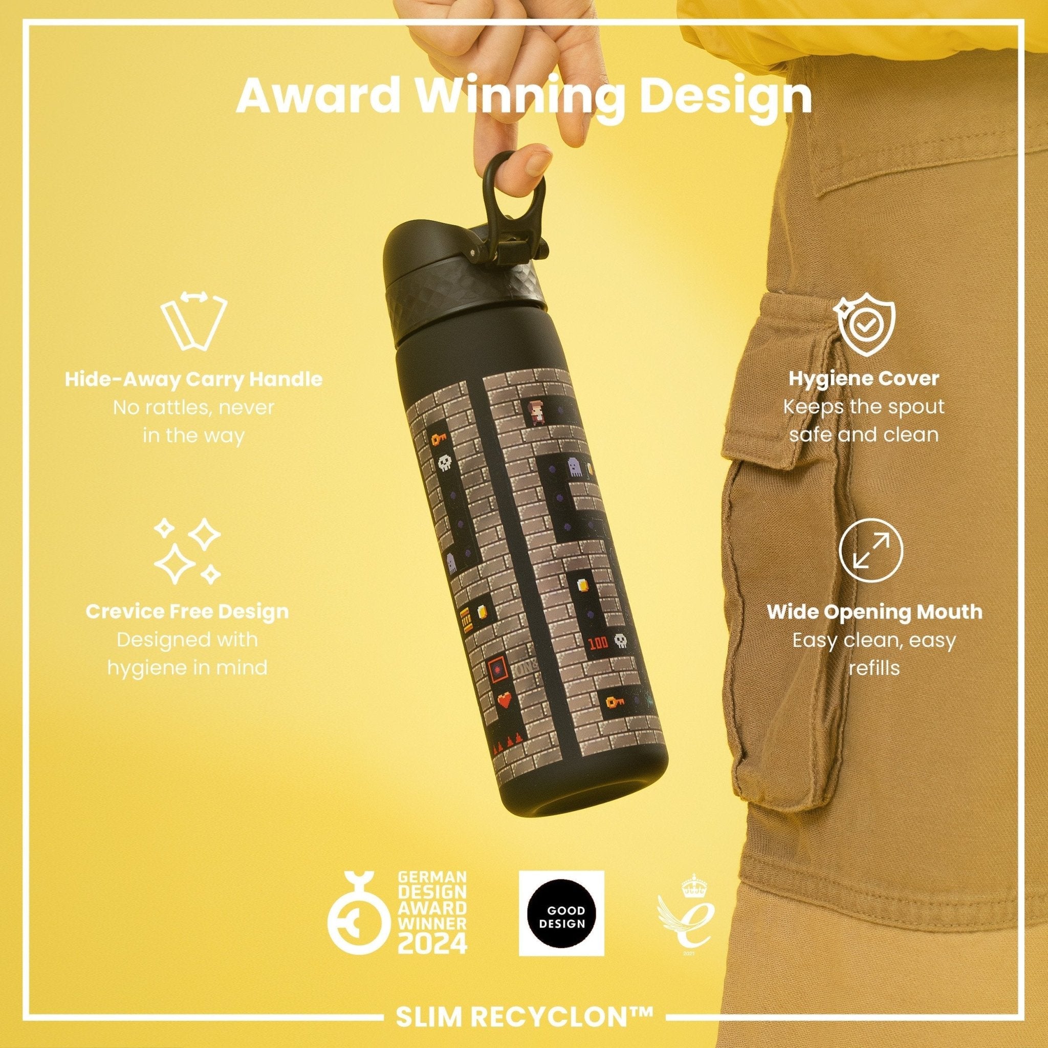 Recyclon Leak Proof Slim Water Bottle by ION8, 500ml (18oz), recyclable, designed for gamers with a sleek, portable style.