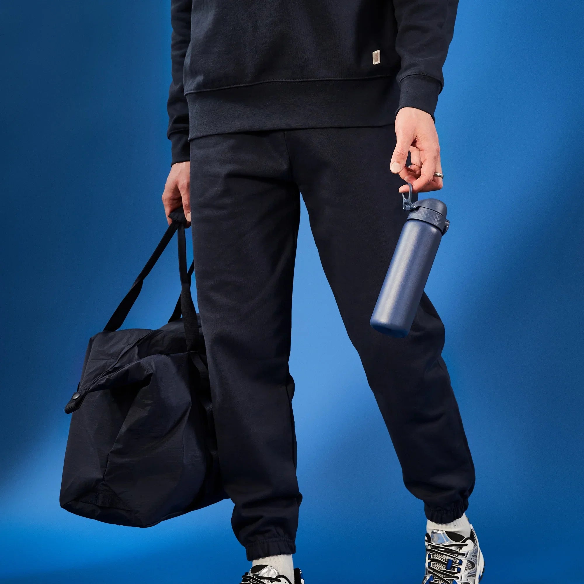 Ion8 leak-proof slim thermal steel water bottle in ash navy, 500ml insulated water bottle with a sleek design and secure lid.