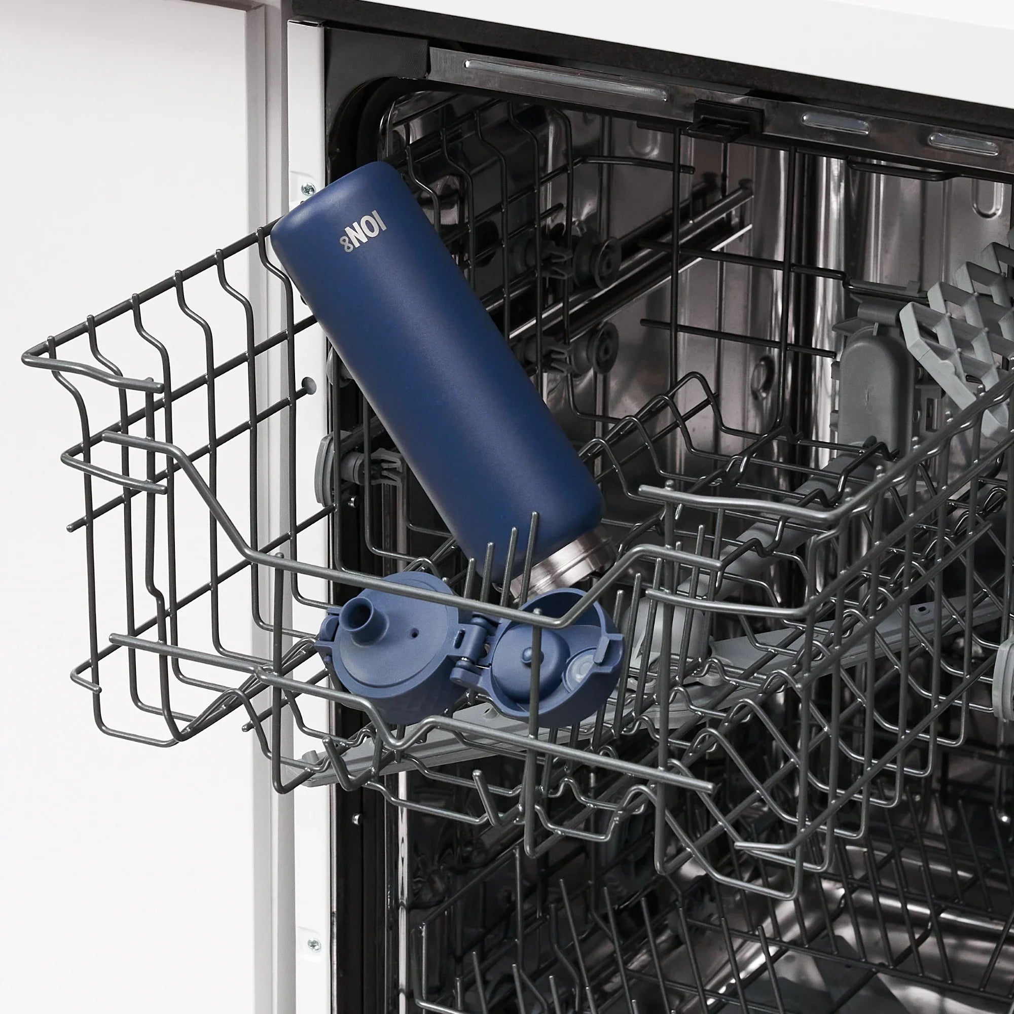 Ion8 leak-proof slim thermal steel water bottle in ash navy, 500ml insulated water bottle with a sleek design and secure lid.