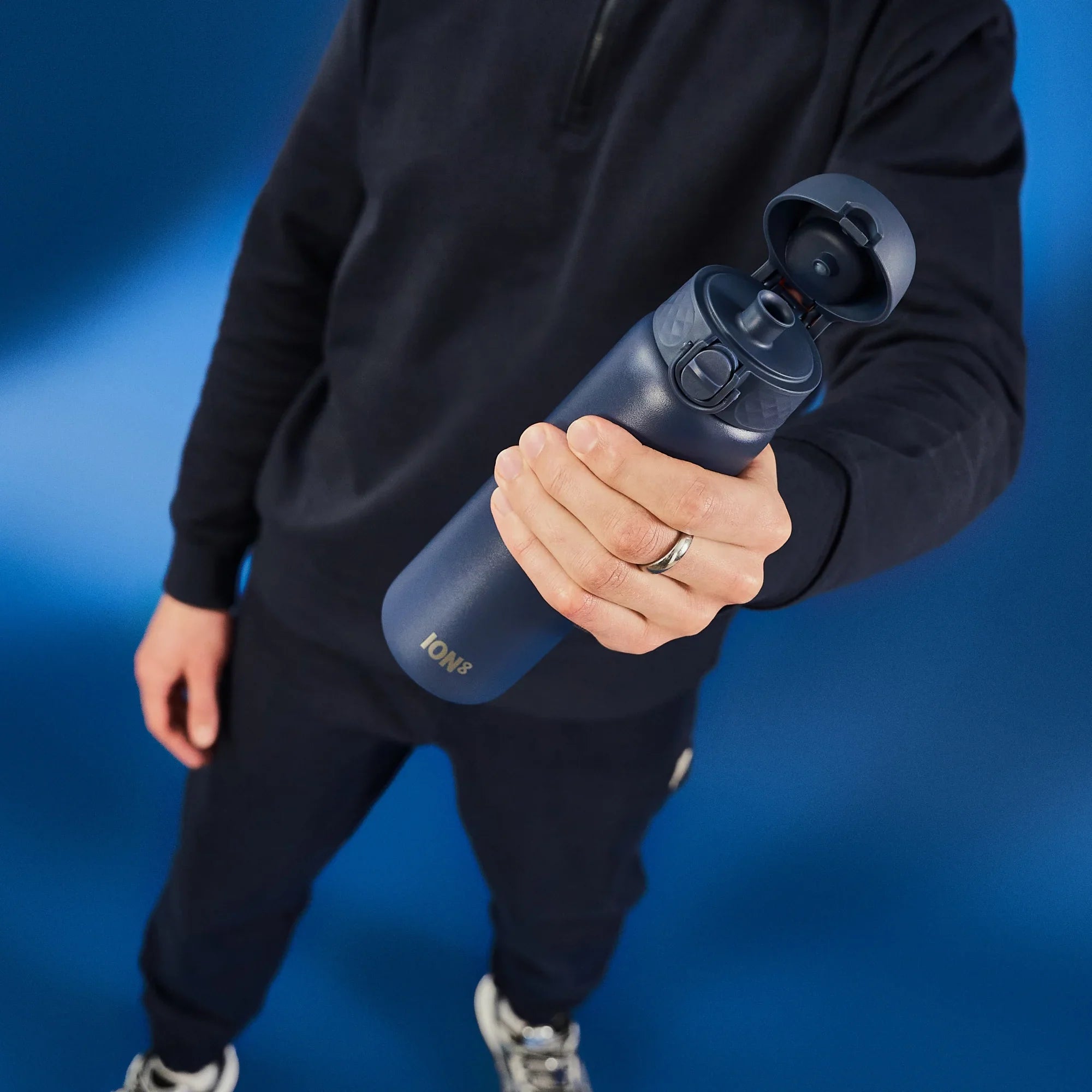 Ion8 leak-proof slim thermal steel water bottle in ash navy, 500ml insulated water bottle with a sleek design and secure lid.