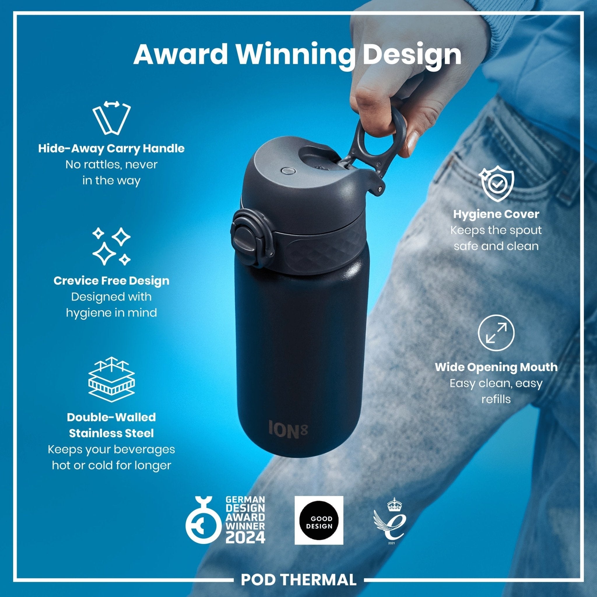 ION8 leak-proof thermal steel water bottle in ash navy, insulated 320ml (11oz) with a sleek design and secure lid.