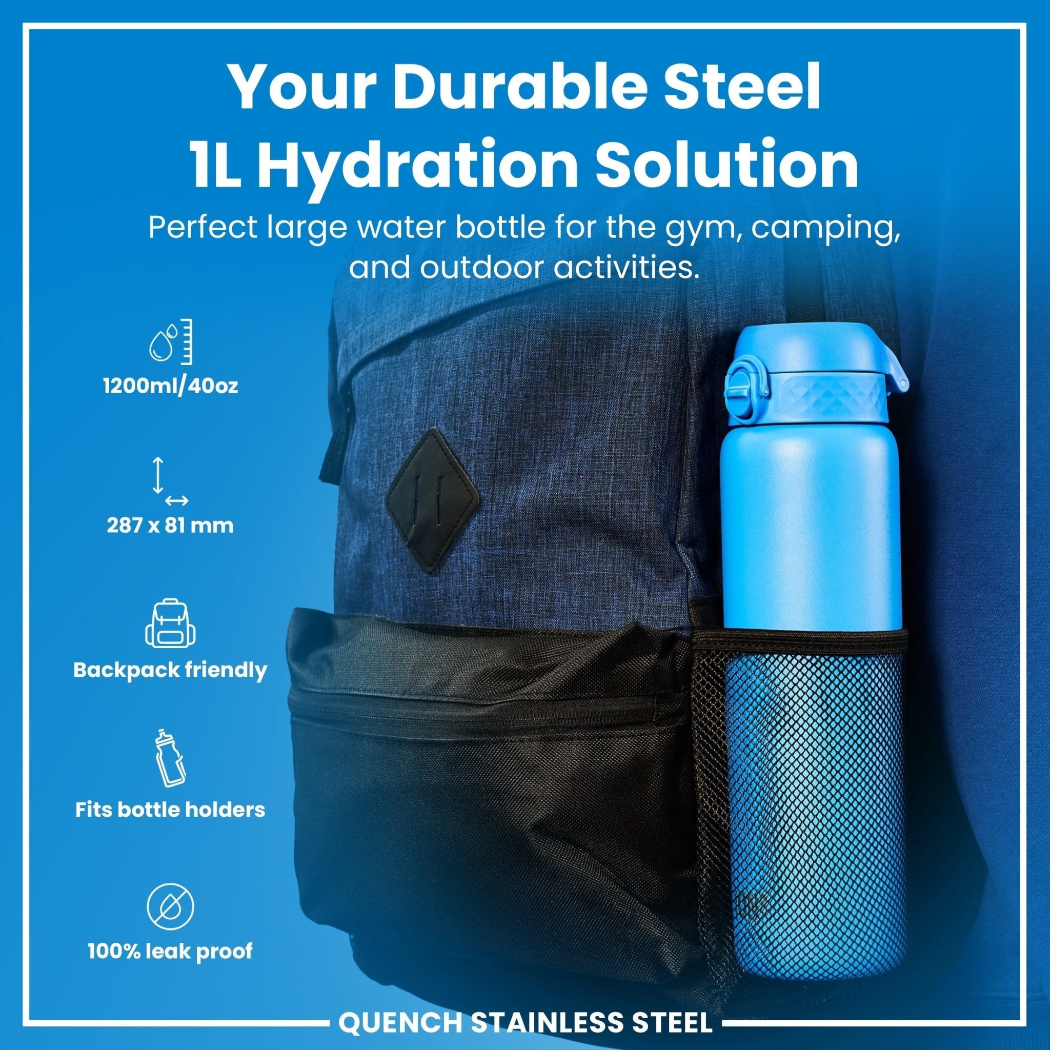 Blue stainless steel ION8 leak-proof 1-liter water bottle, durable and reusable for hydration on the go.