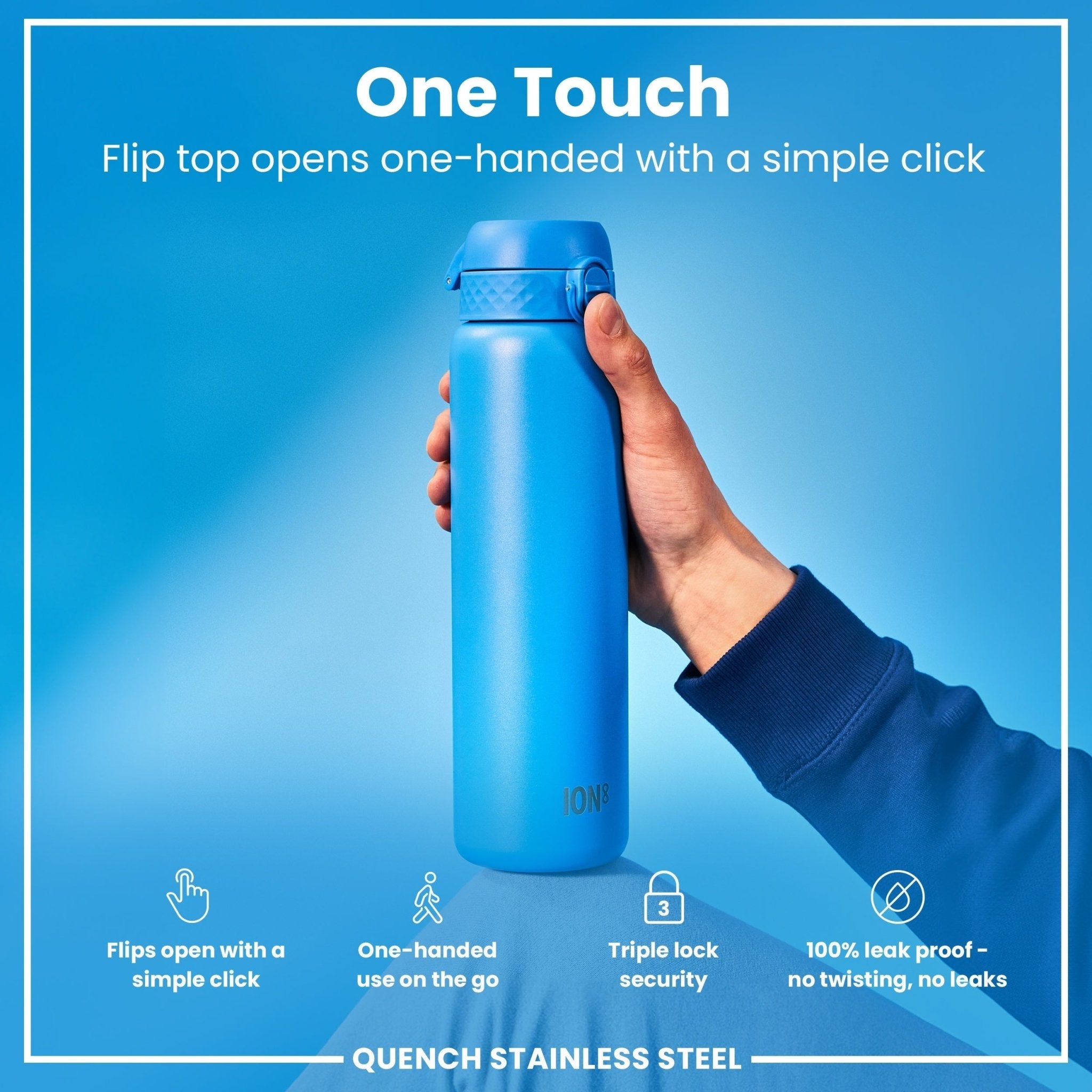 Blue ION8 stainless steel water bottle, 1L leak-proof steel water bottle with secure lid, designed for hydration on the go