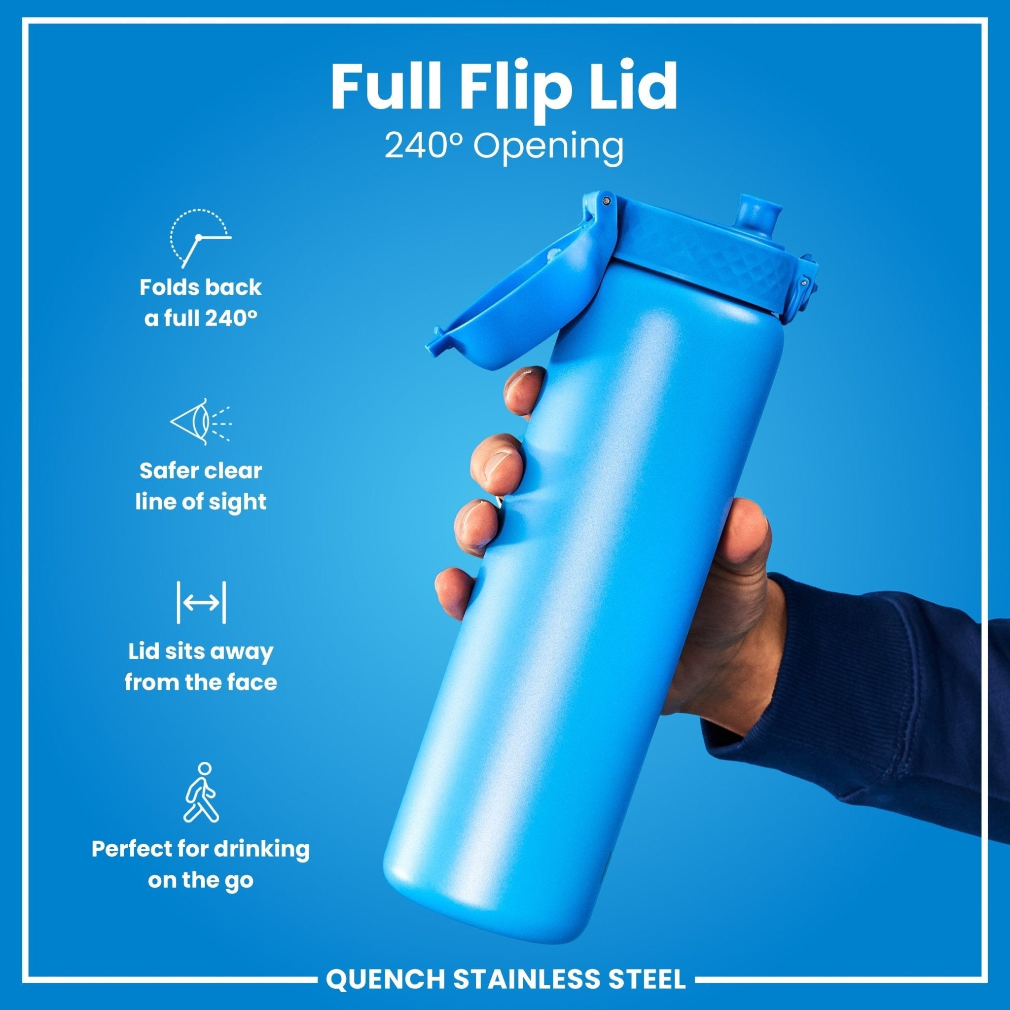 Blue stainless steel water bottle by ION8, 1 liter leak-proof design perfect for hydration on the go.