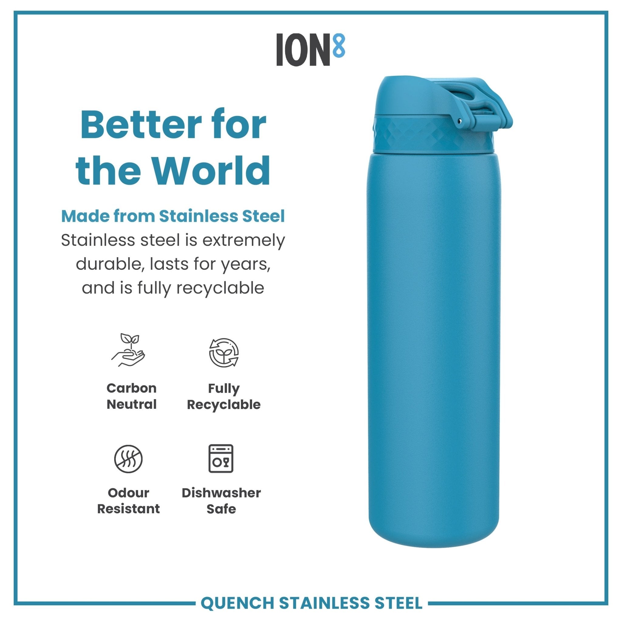 Blue stainless steel ION8 leak-proof 1-liter water bottle, durable design, depicting the bottle's sleek shape and secure lid.