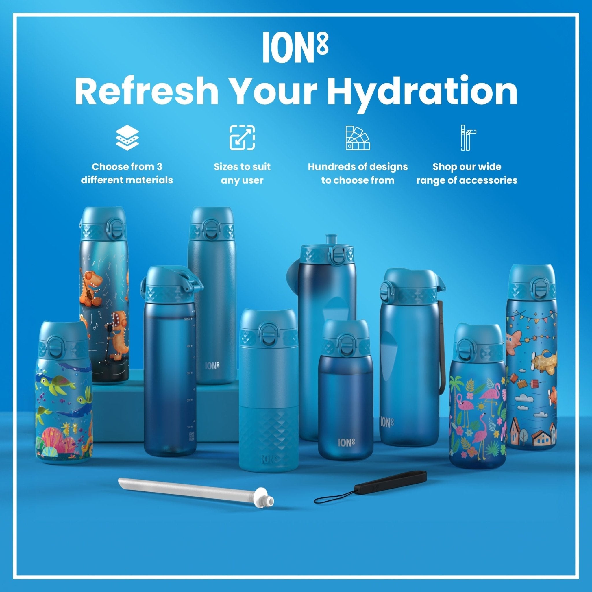 Blue stainless steel ION8 1-liter leak-proof water bottle, durable and ideal for daily hydration.