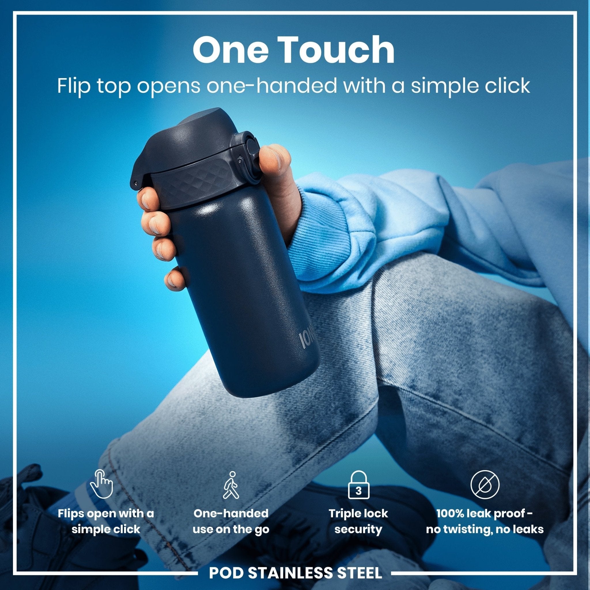 ION8 leak-proof stainless steel water bottle in ash navy with 400ml capacity, durable and stylish for everyday hydration.