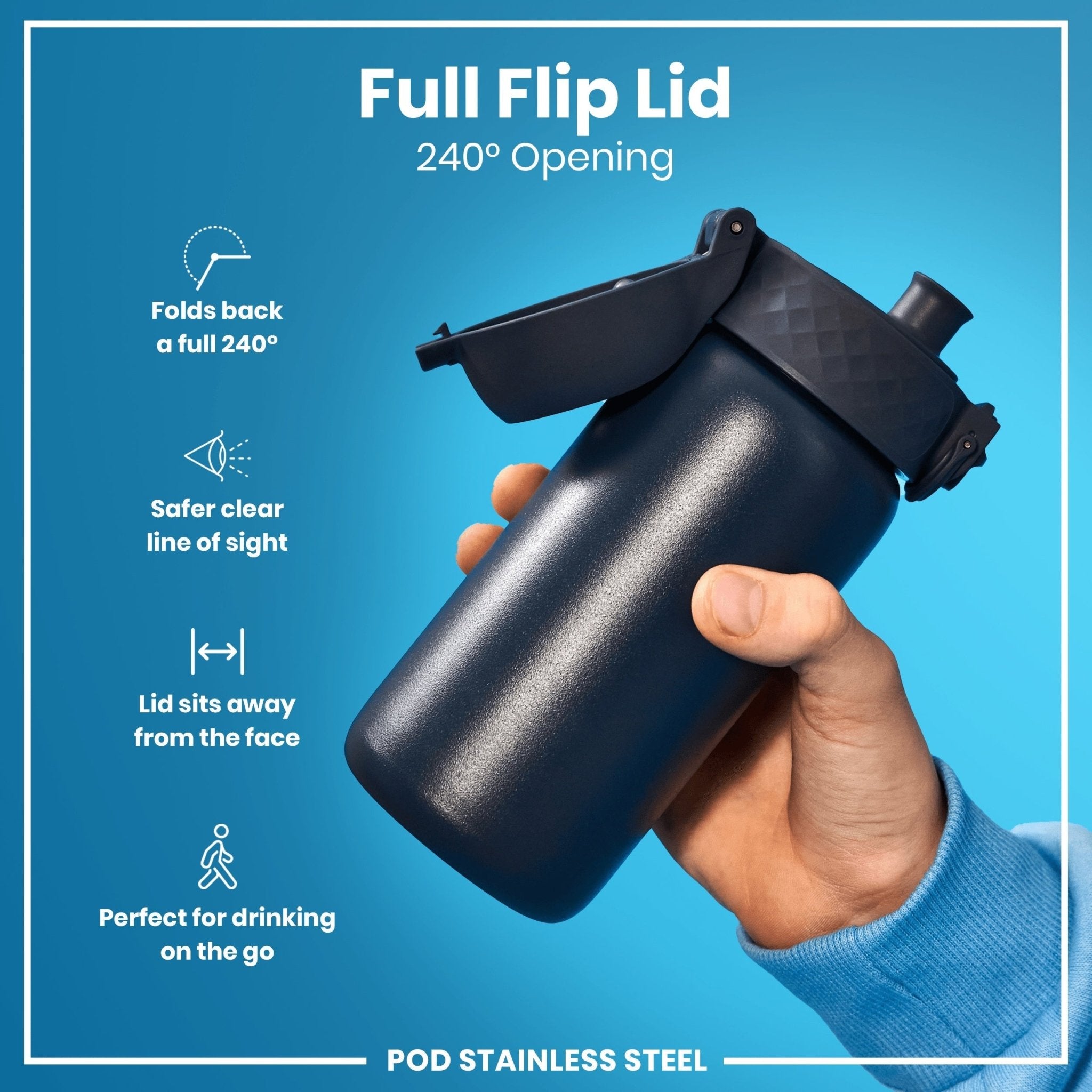Ion8 leak-proof stainless steel water bottle in ash navy with 400ml capacity, featuring a sleek, durable design.