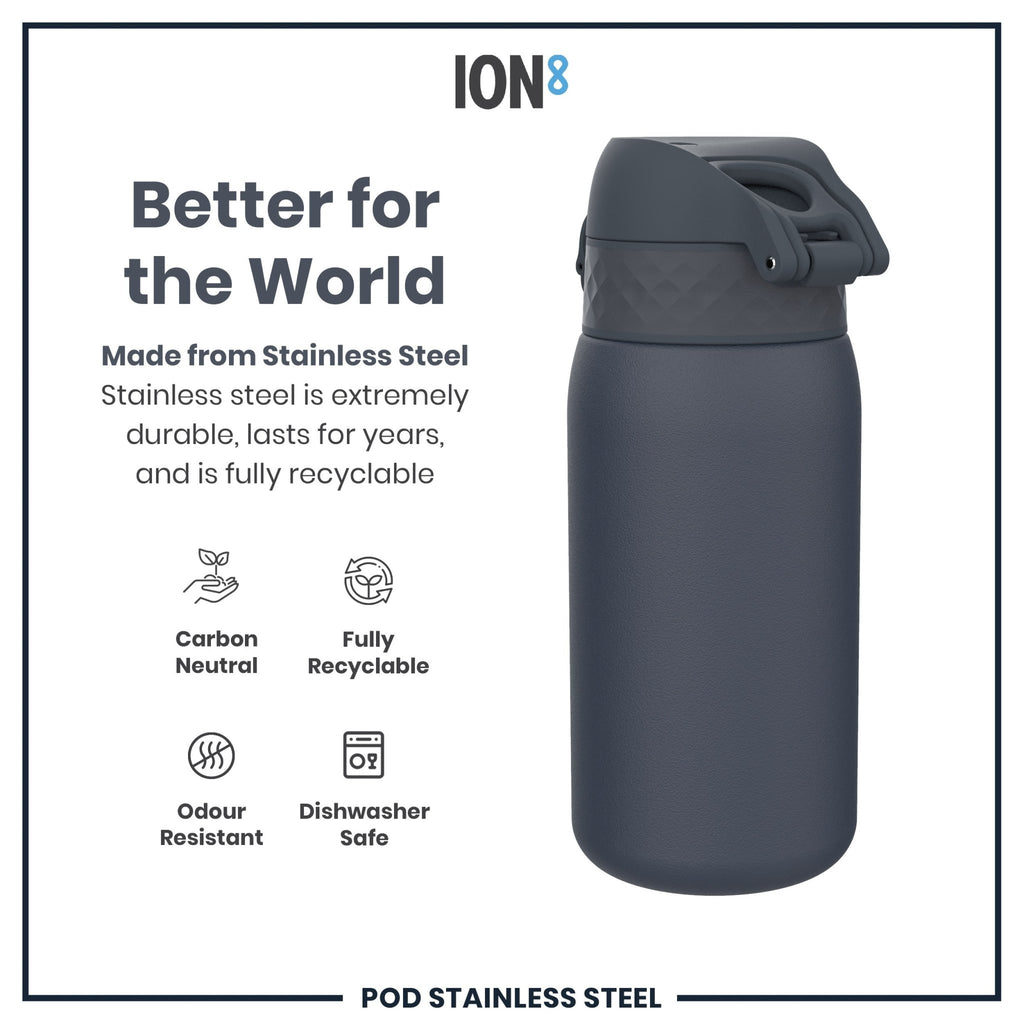 ION8 stainless steel leak-proof water bottle in ash navy, 400ml (13oz), with a sleek, durable design and secure lid.