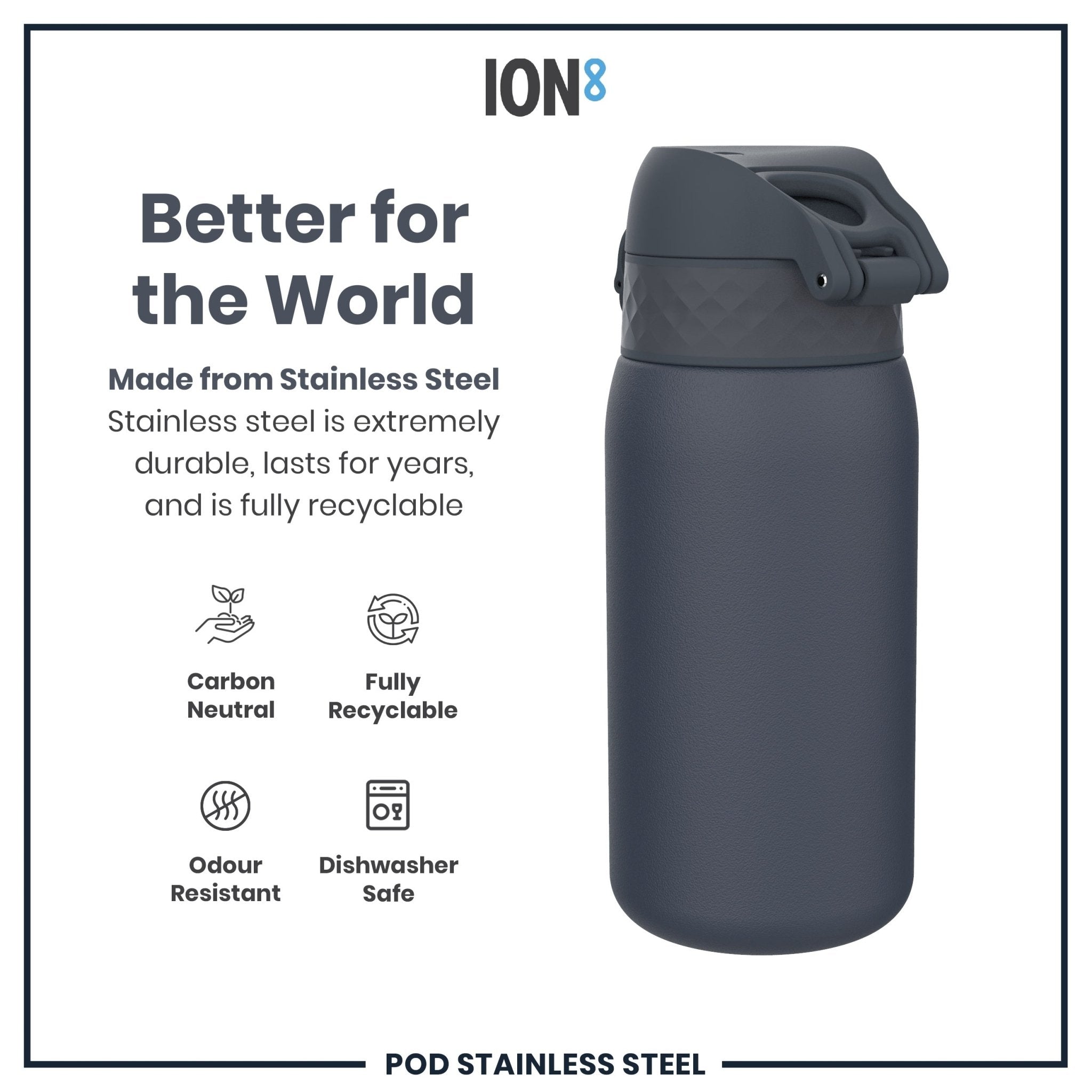 ION8 stainless steel leak-proof water bottle in ash navy, 400ml (13oz), with a sleek, durable design and secure lid.