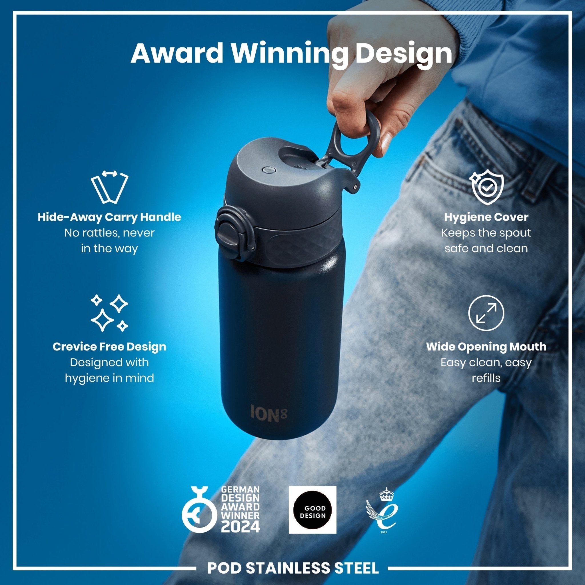 ION8 leak-proof stainless steel water bottle in ash navy, 400ml capacity, with a sleek, durable design for everyday hydration.