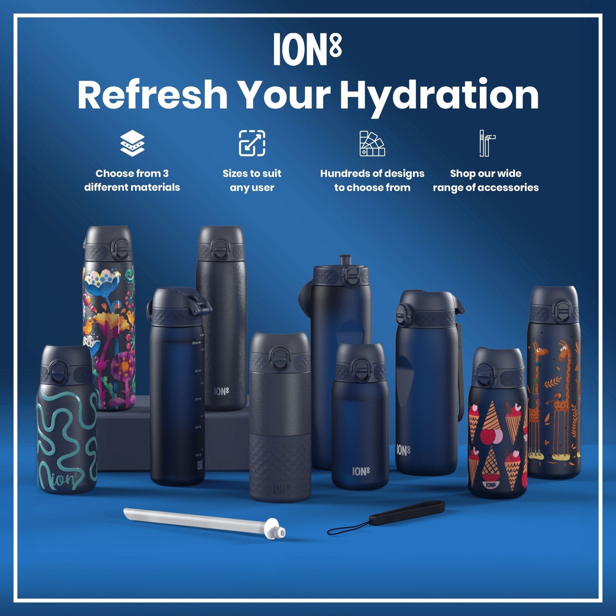 Ion8 leak-proof stainless steel water bottle in ash navy color, 400ml capacity, durable and portable for active use
