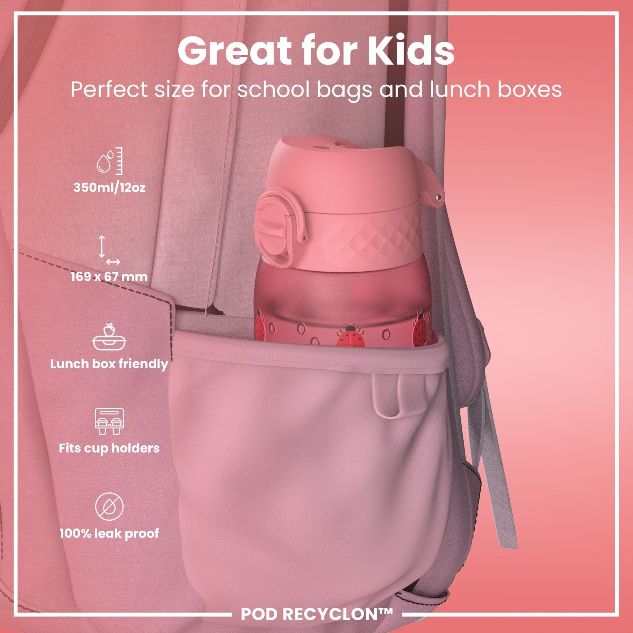 Ion8 leak-proof kids' water bottle with ladybug design, 350ml recyclable Recyclon bottle for children.