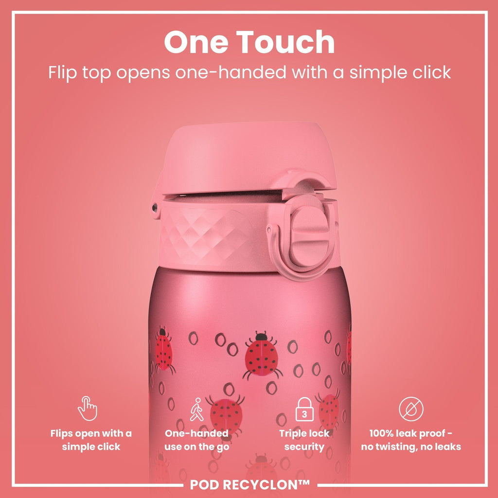 ION8 Recyclon leak-proof kids' water bottle with ladybug design, 350ml (12oz), made for easy drinking and durability.