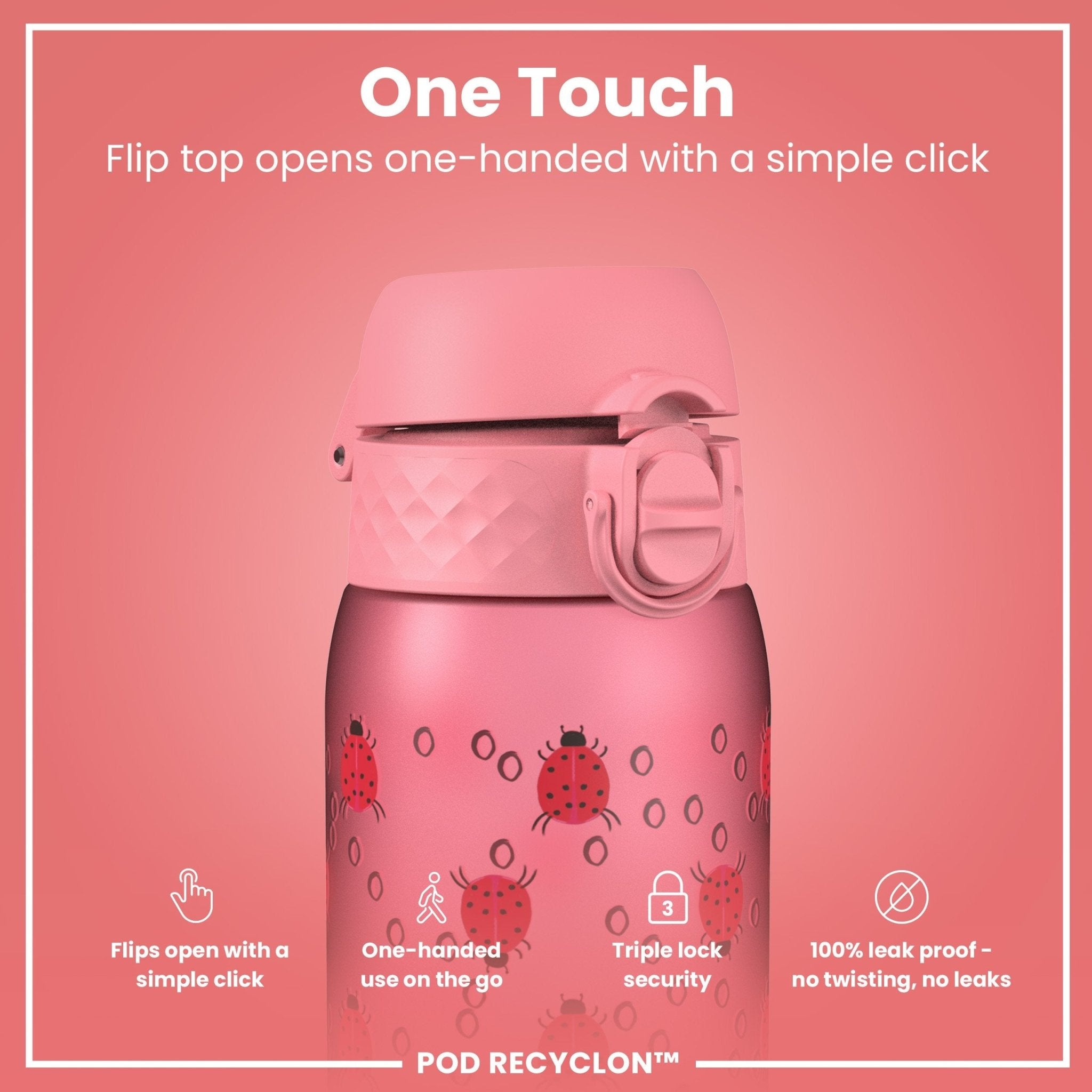 ION8 Recyclon leak-proof kids' water bottle with ladybug design, 350ml (12oz), made for easy drinking and durability.