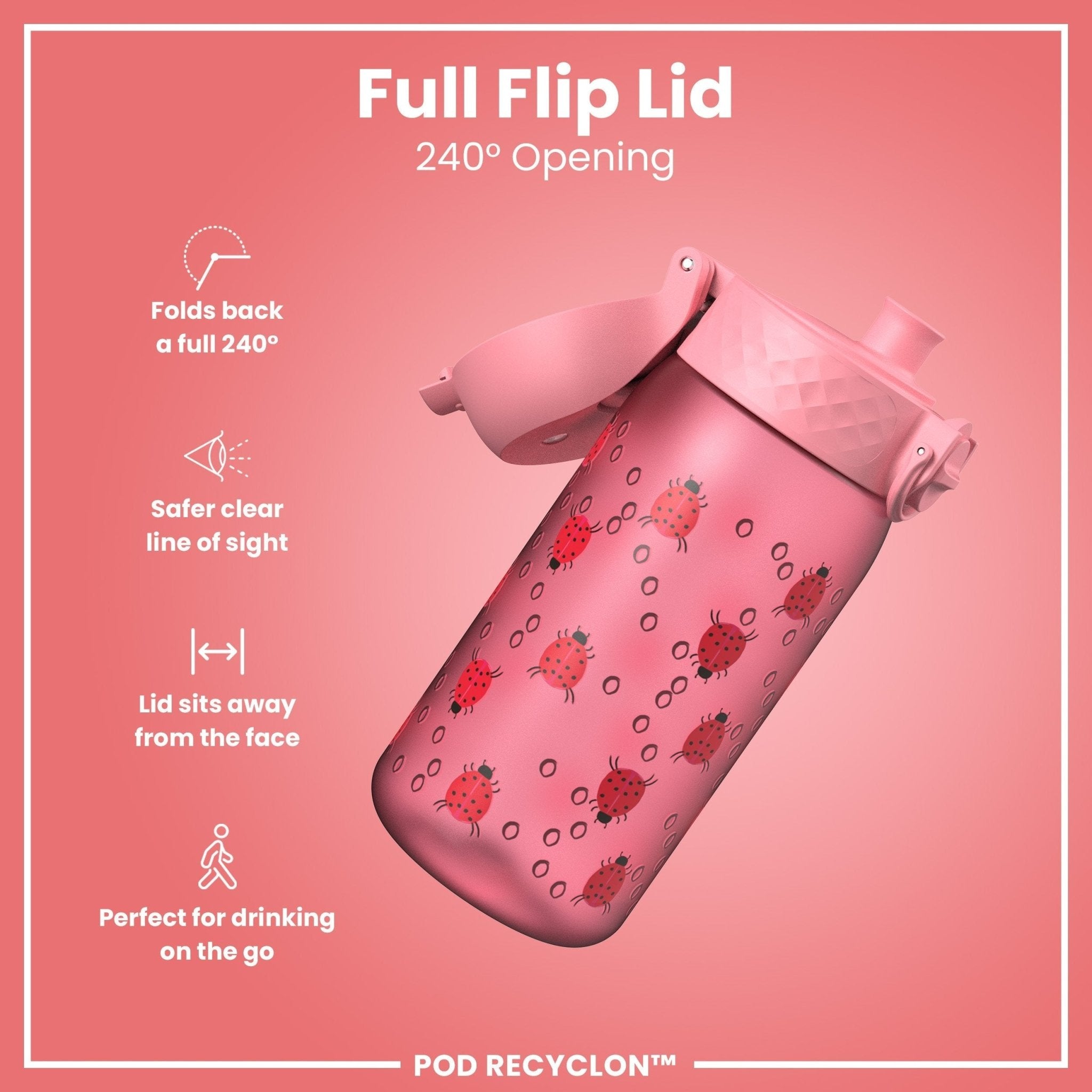 ION8 Recyclon leak-proof kids' water bottle with ladybug design, 350ml (12oz), durable and child-friendly for outdoor use.