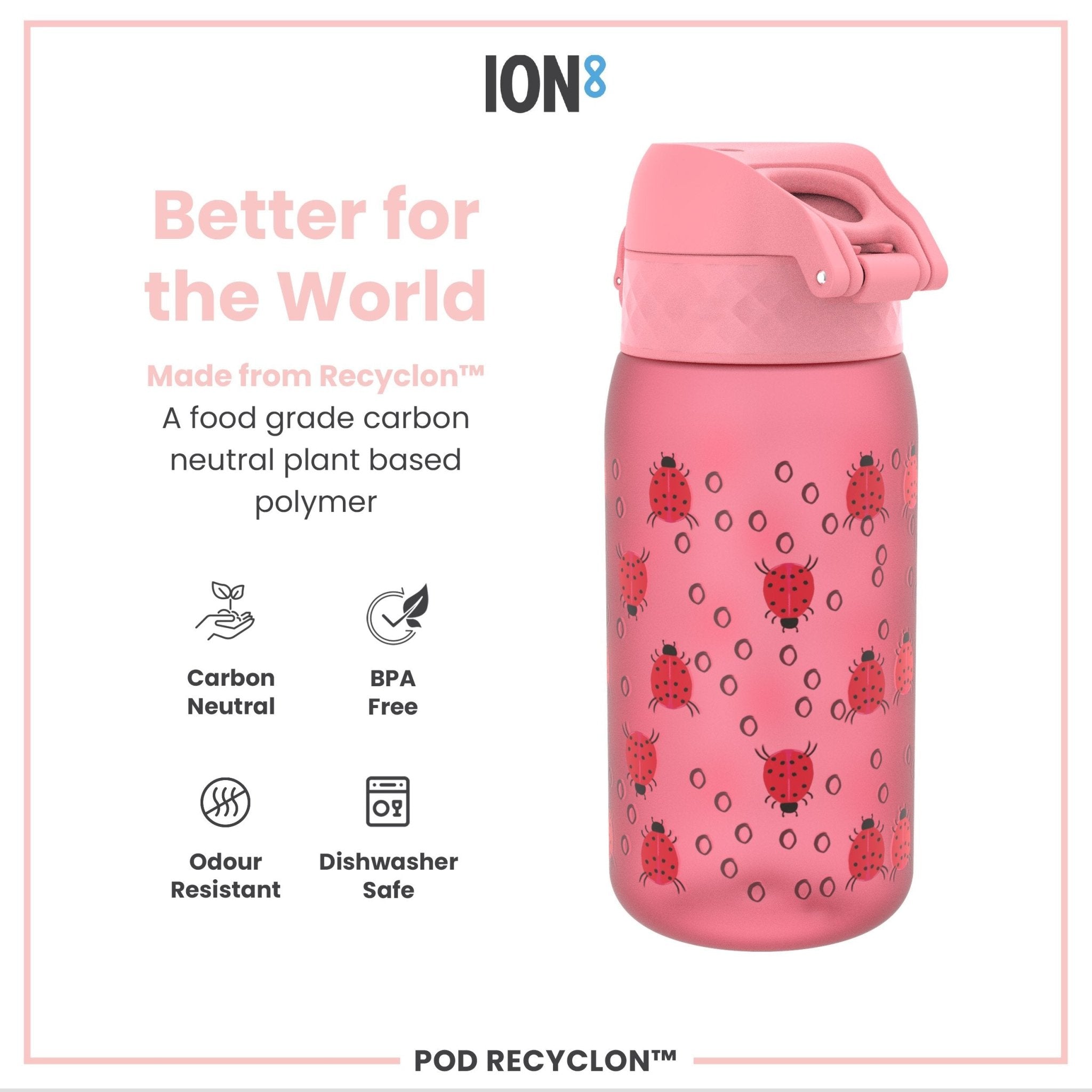 Ion8 Recyclon leak-proof kids' water bottle with ladybug design, 350ml (12oz), durable and recyclable plastic.