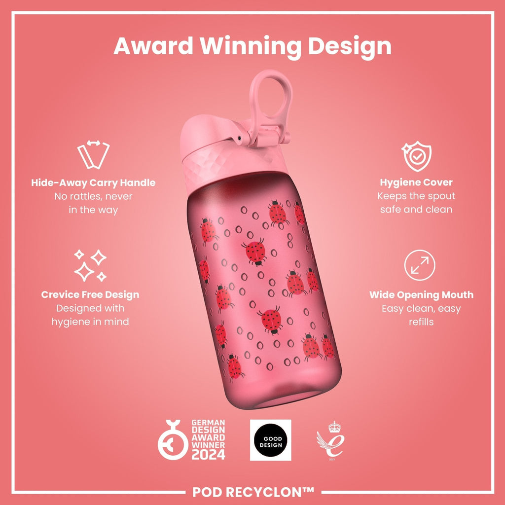ION8 Recyclon leak-proof kids' water bottle with ladybug design, 350ml (12oz), durable and recyclable for children.