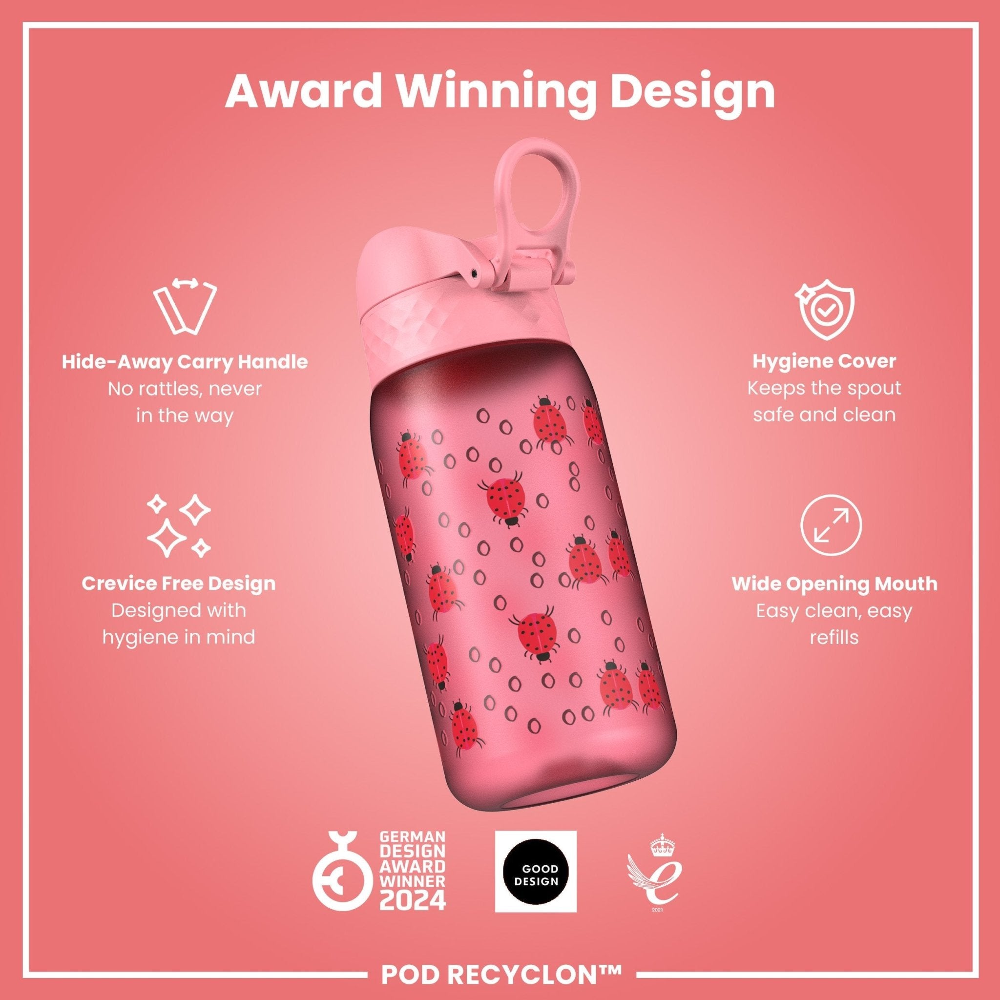 ION8 Recyclon leak-proof kids' water bottle with ladybug design, 350ml (12oz), durable and recyclable for children.