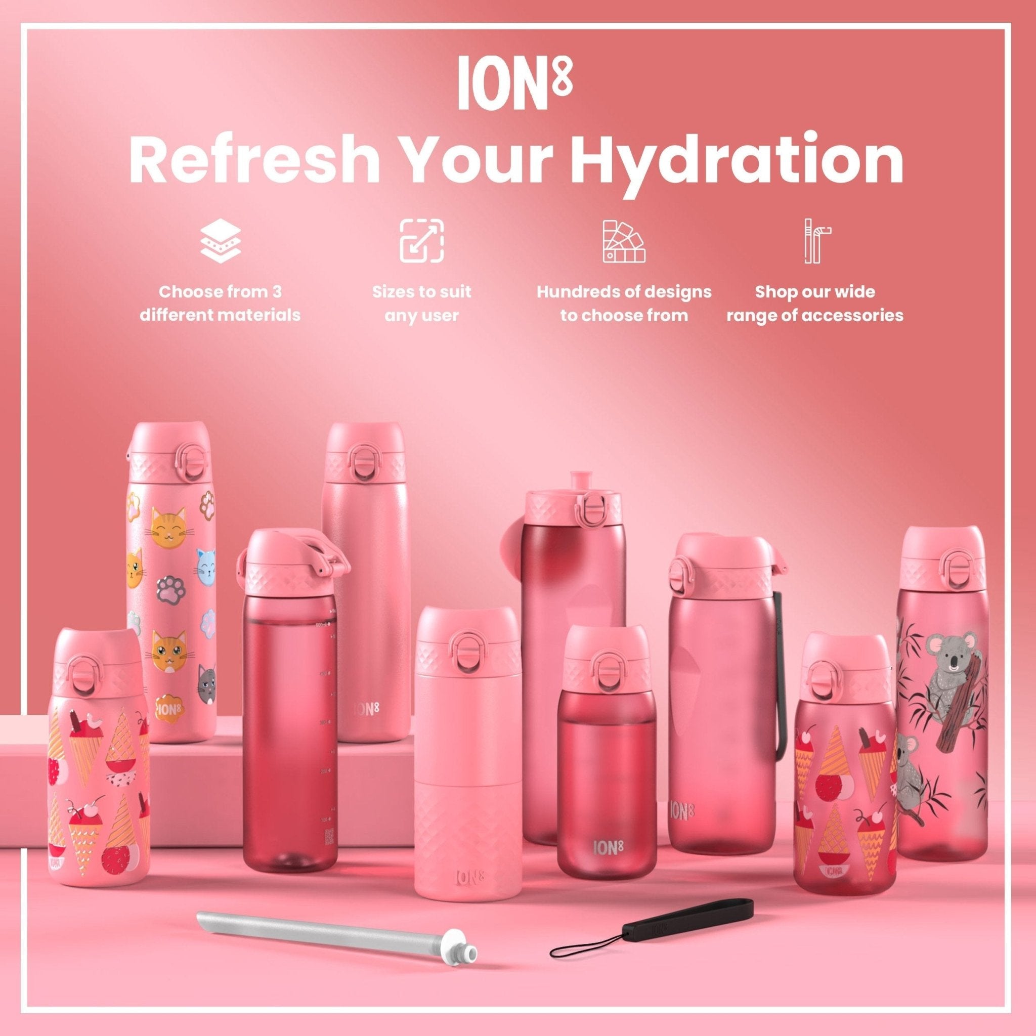 ION8 Recyclon leak-proof kids' water bottle with ladybug design, 350ml (12oz), made from recyclable materials.