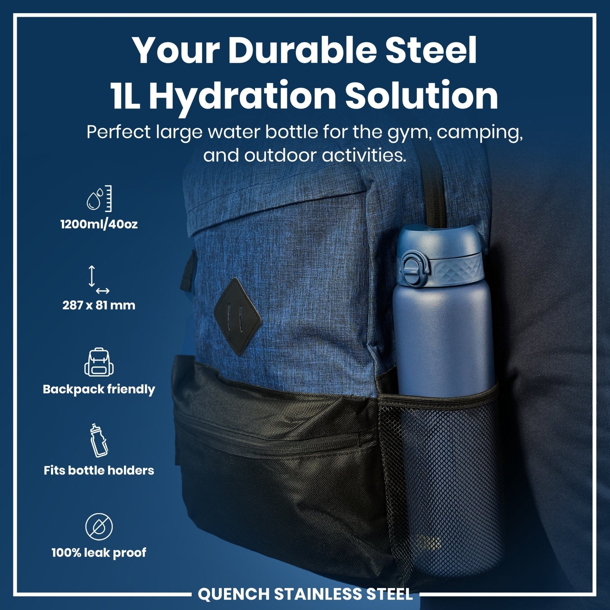Stainless steel 1L water bottle in ash navy with leak-proof design by ION8, featuring a sleek, durable finish.
