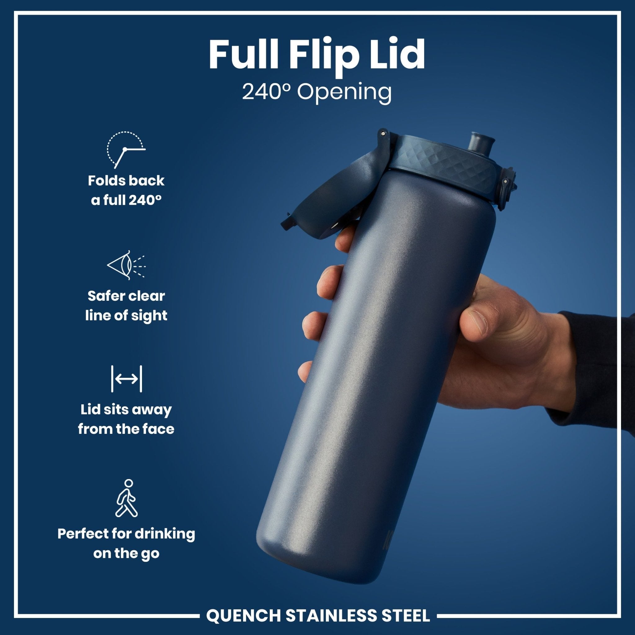 ION8 1L stainless steel water bottle in ash navy color, leak-proof design with a sleek, durable finish.
