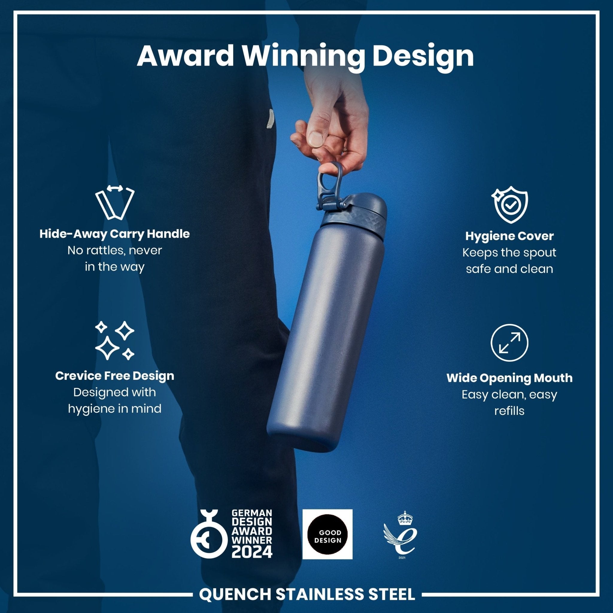 ION8 stainless steel 1L water bottle in ash navy color, leak-proof design, durable and sleek for daily hydration.