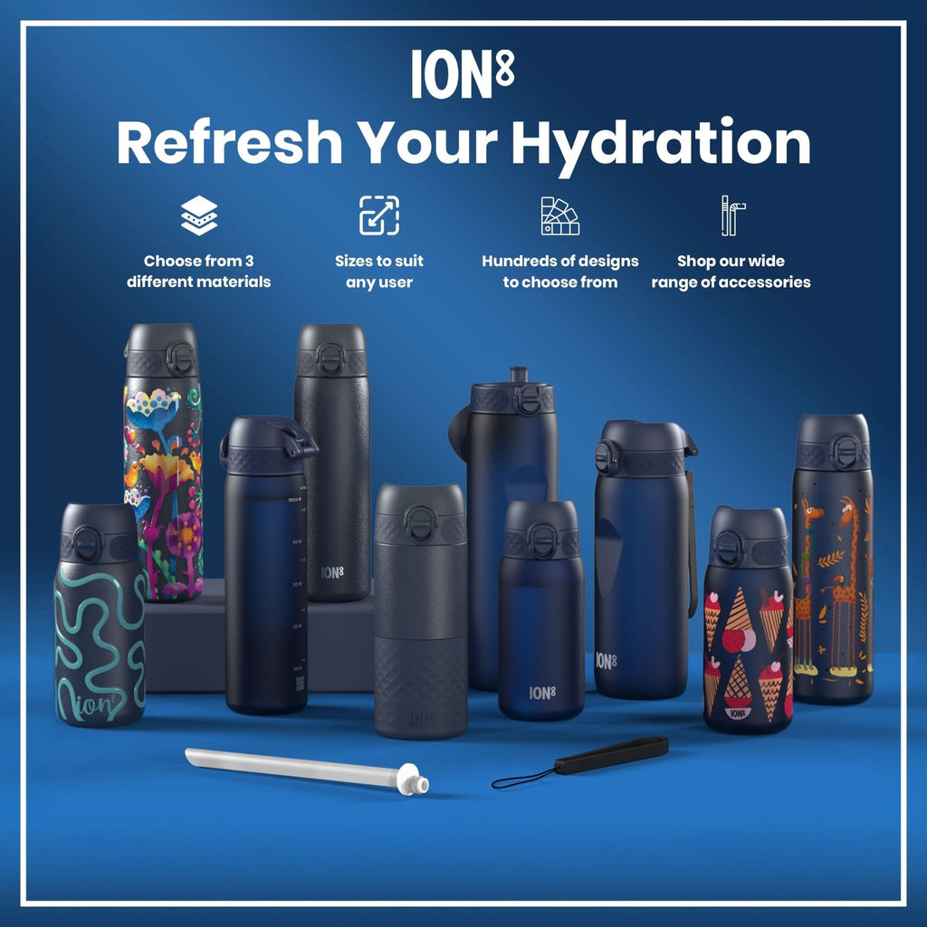 ION8 1L stainless steel water bottle in ash navy, leak-proof design with a sleek, durable finish for everyday hydration.