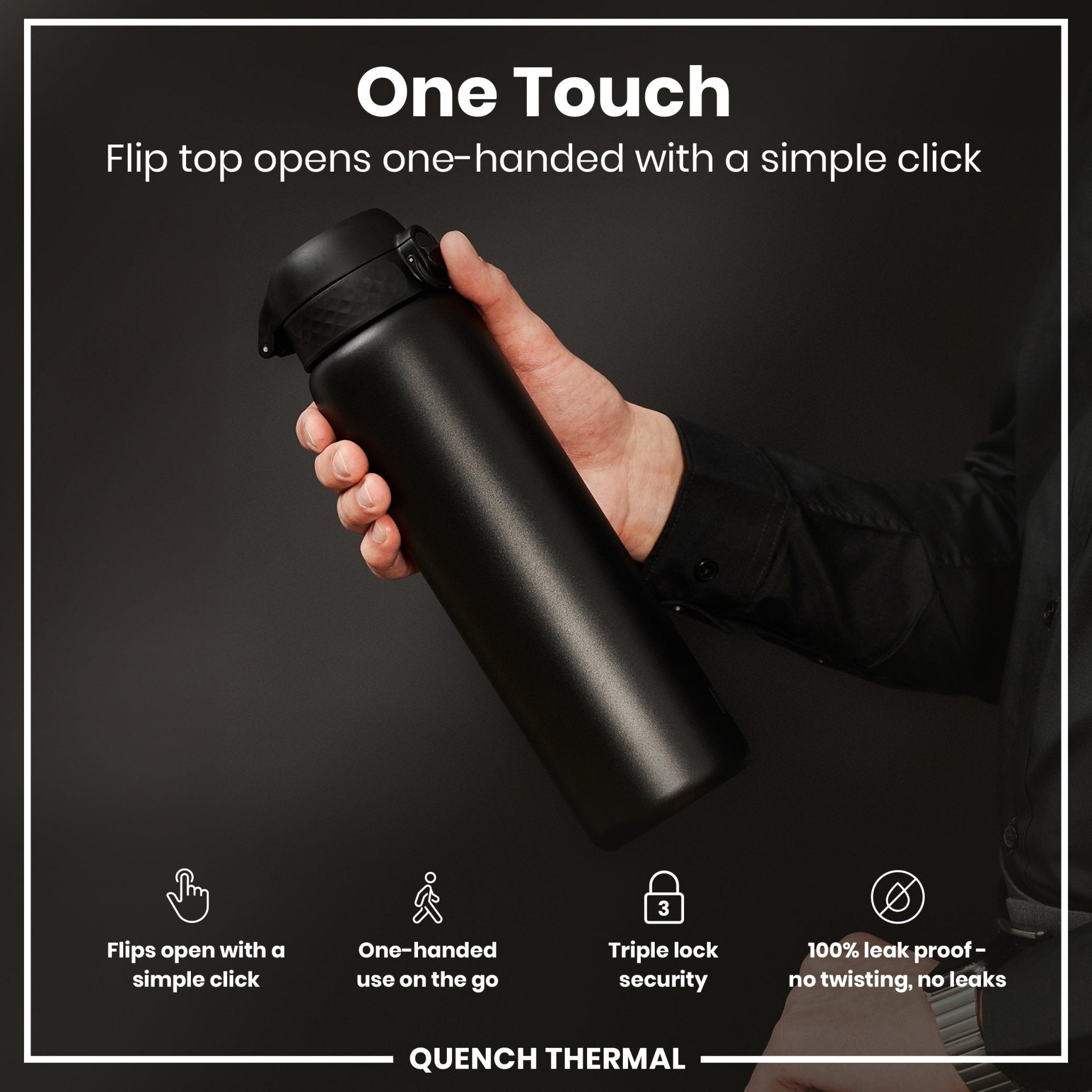 Black ION8 1L insulated water bottle with leak-proof design and thermal insulation for hot or cold drinks.