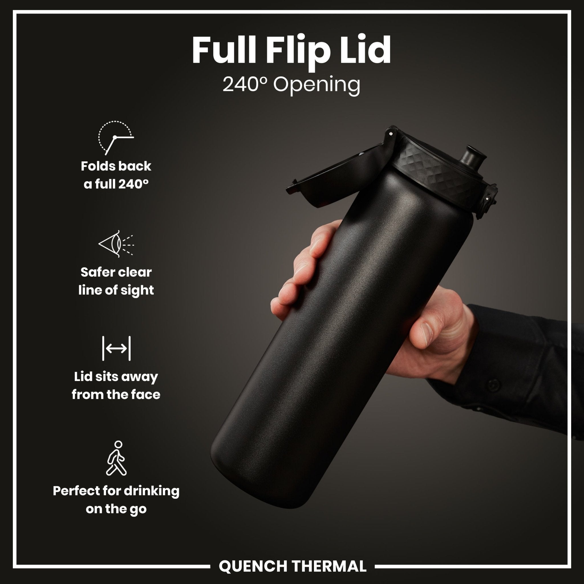 Ion8 1L black insulated leak-proof water bottle with thermal insulation, designed for hot and cold beverages.