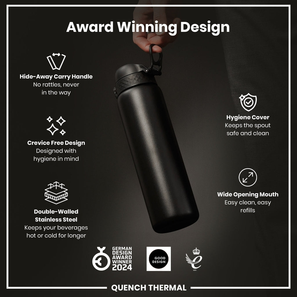 Black ION8 1L insulated water bottle with leak-proof design and thermal insulation for hot or cold drinks.