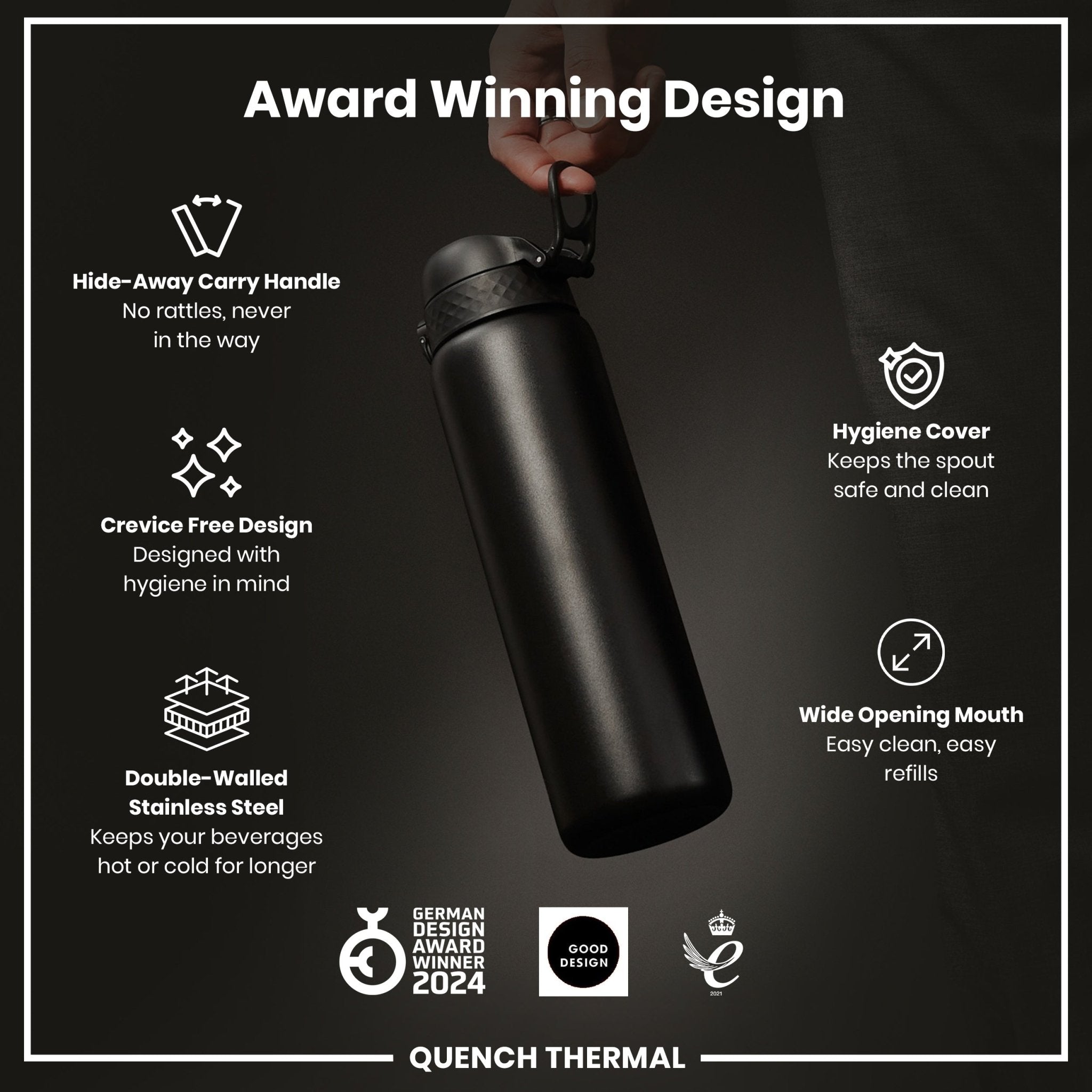 Black ION8 1L insulated water bottle with leak-proof design and thermal insulation for hot or cold drinks.