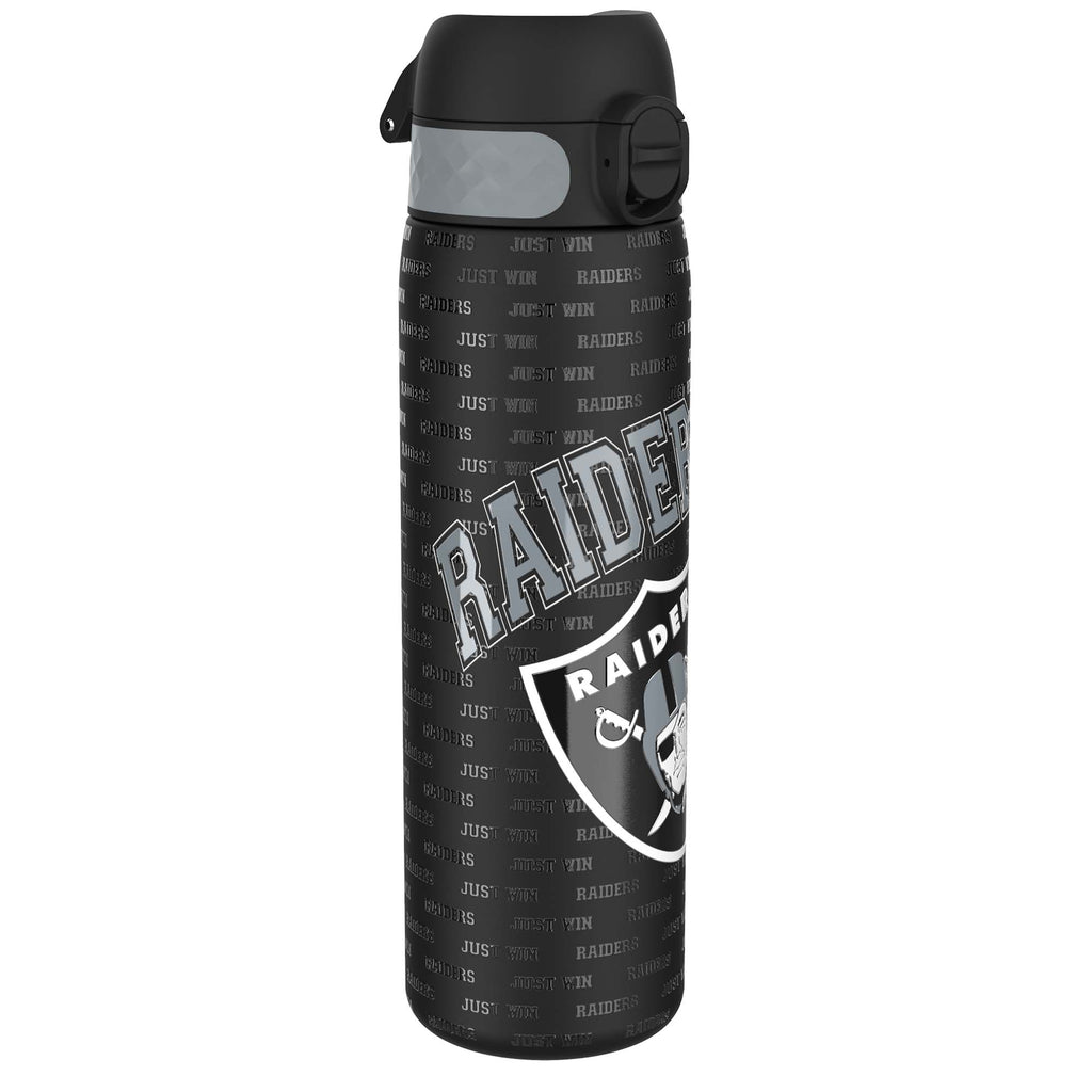 ION8 stainless steel NFL water bottle featuring Las Vegas Raiders logo, leak-proof design, 600ml capacity, sports water bottle.