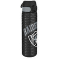 ION8 stainless steel NFL water bottle featuring Las Vegas Raiders logo, leak-proof design, 600ml capacity, sports water bottle.