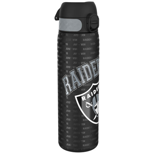 ION8 stainless steel NFL water bottle featuring Las Vegas Raiders logo, leak-proof design, 600ml capacity, sports water bottle.