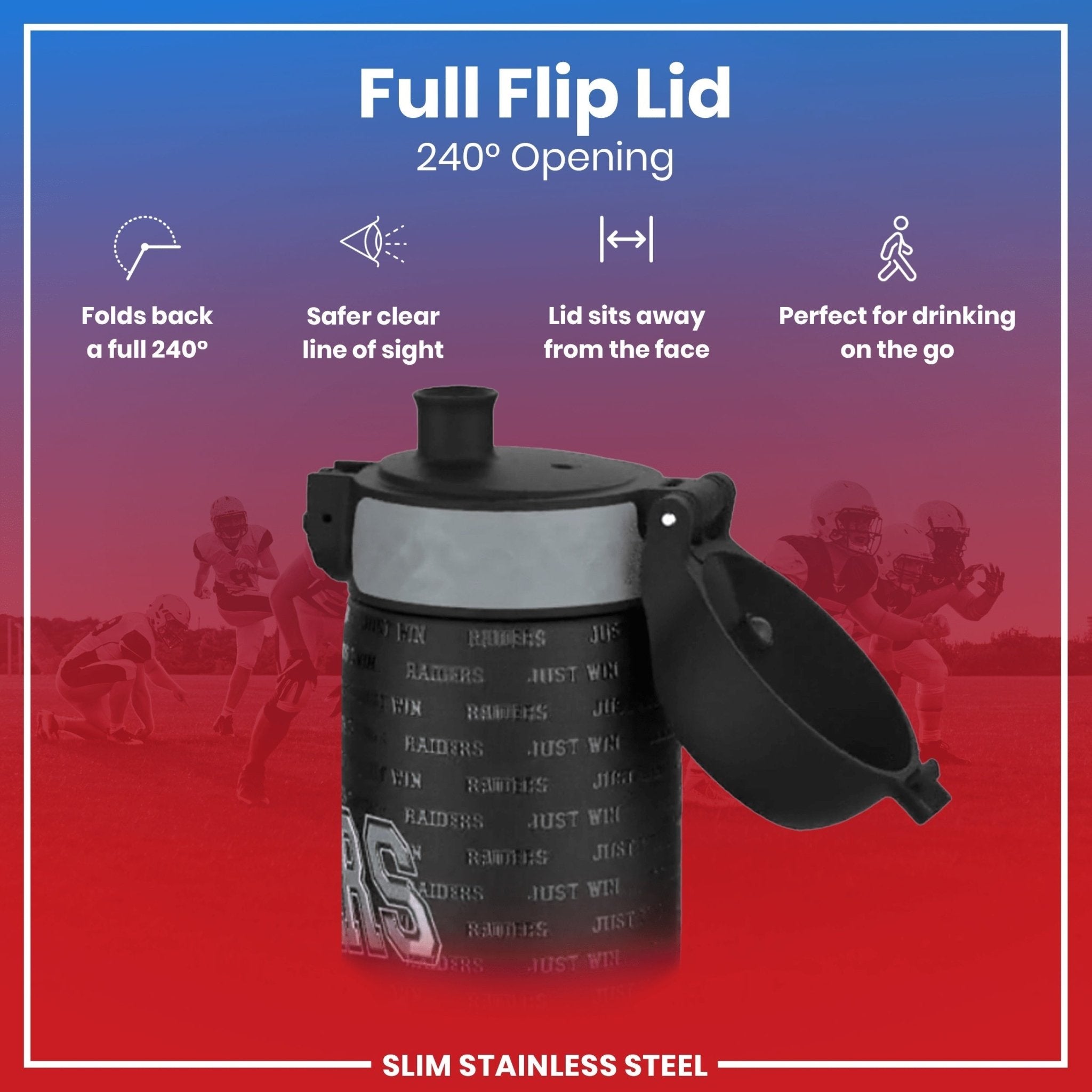 ION8 stainless steel NFL water bottle featuring Las Vegas Raiders logo, leak-proof design, 600ml (20oz) capacity.