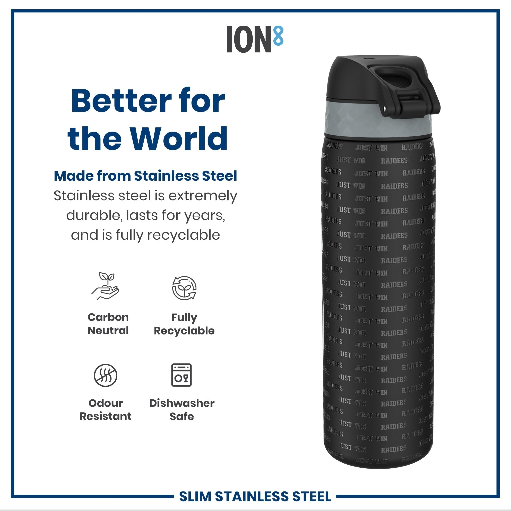 Ion8 stainless steel NFL water bottle featuring Las Vegas Raiders logo, leak-proof design, 600ml capacity, 20oz sports water bottle.