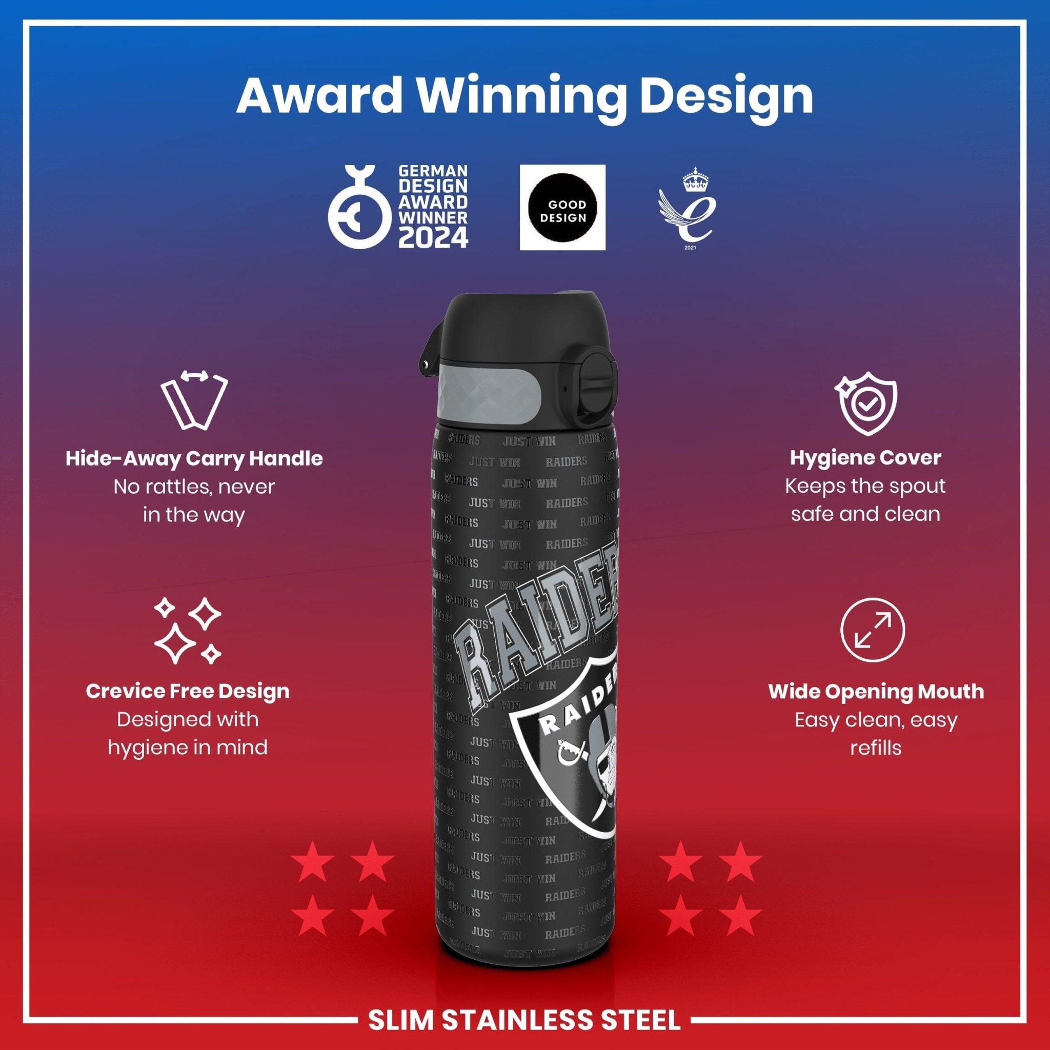 ION8 stainless steel NFL water bottle featuring Las Vegas Raiders logo, leak-proof design, 600ml capacity, durable sports water bottle