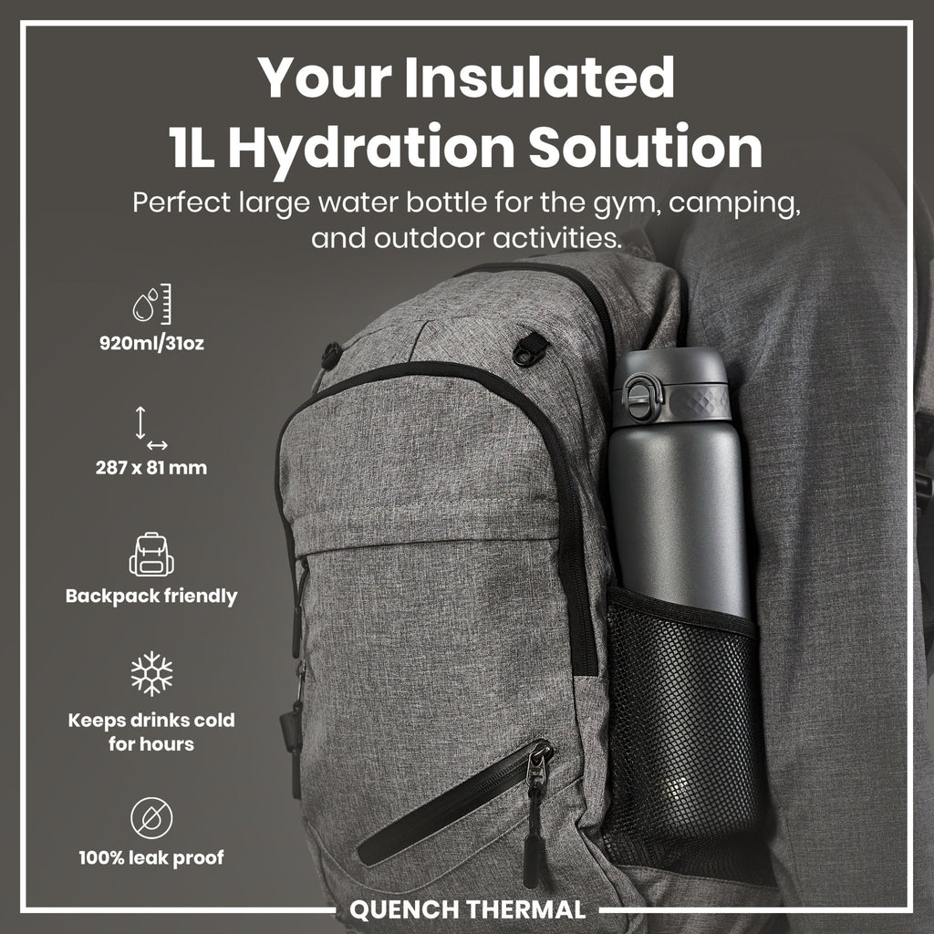 Grey ION8 insulated 1-liter leak-proof water bottle, thermal design with a secure lid, perfect for keeping drinks cold or hot.