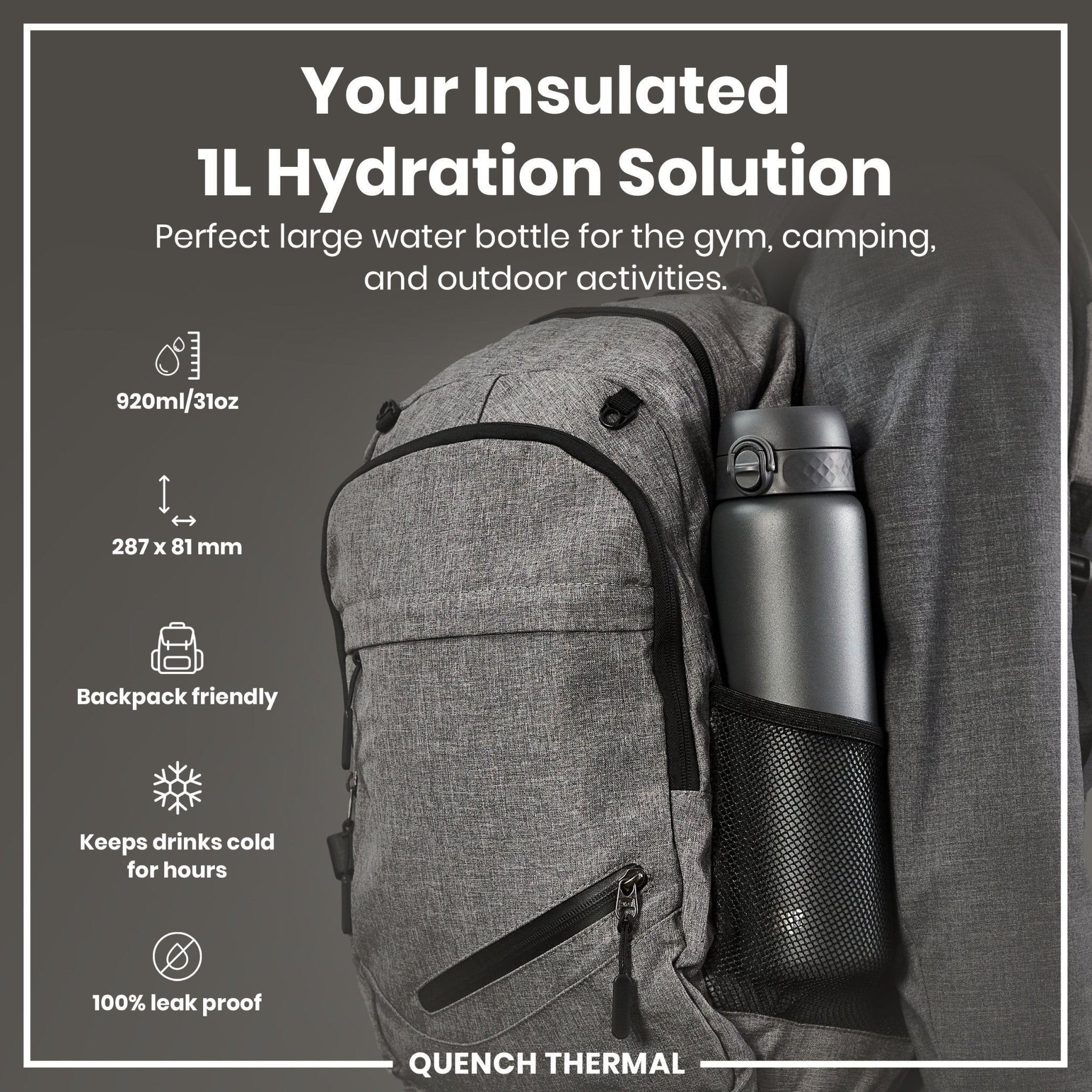 Grey ION8 insulated 1-liter leak-proof water bottle, thermal design with a secure lid, perfect for keeping drinks cold or hot.