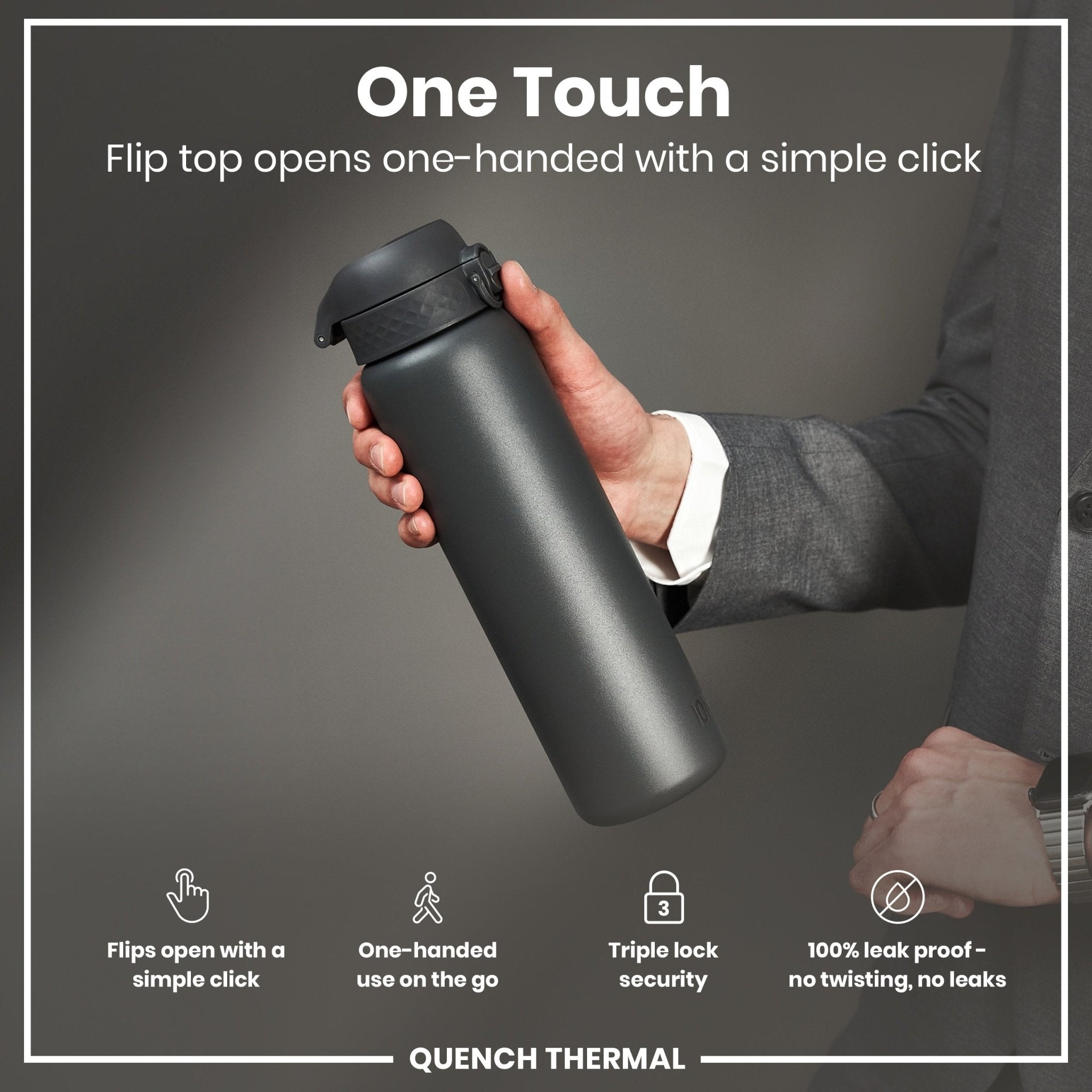 Grey ION8 leak-proof 1L insulated water bottle with thermal insulation, designed for keeping drinks hot or cold.