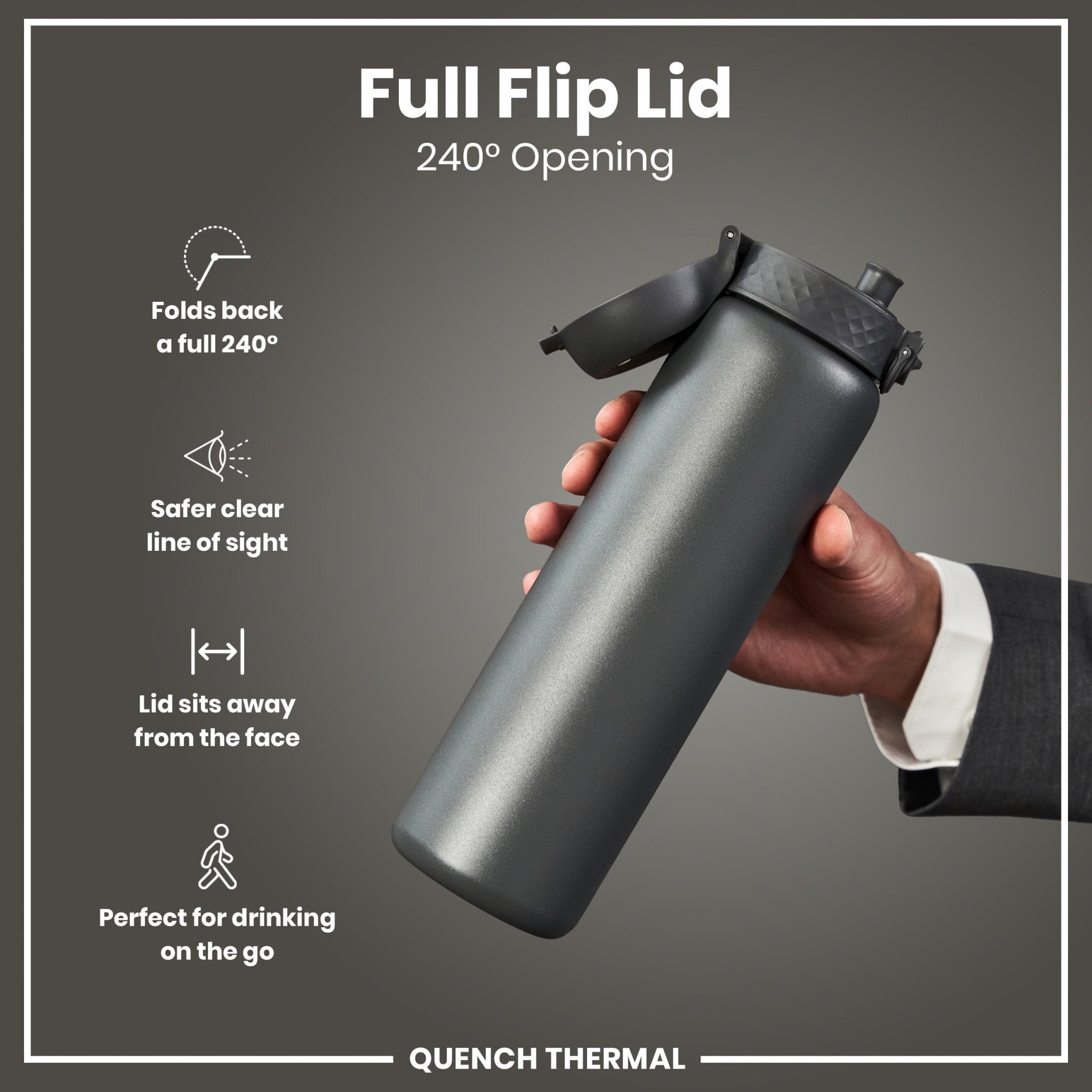 Gray ION8 leak-proof 1-liter insulated water bottle with thermal insulation, designed for keeping beverages hot or cold.