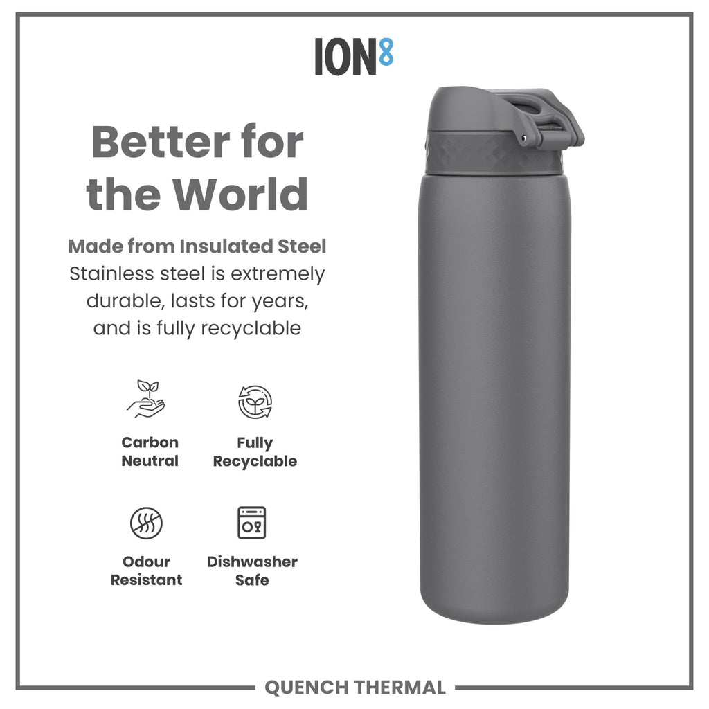 Gray ION8 1L insulated leak-proof water bottle with thermal insulation, designed for hot and cold beverages.