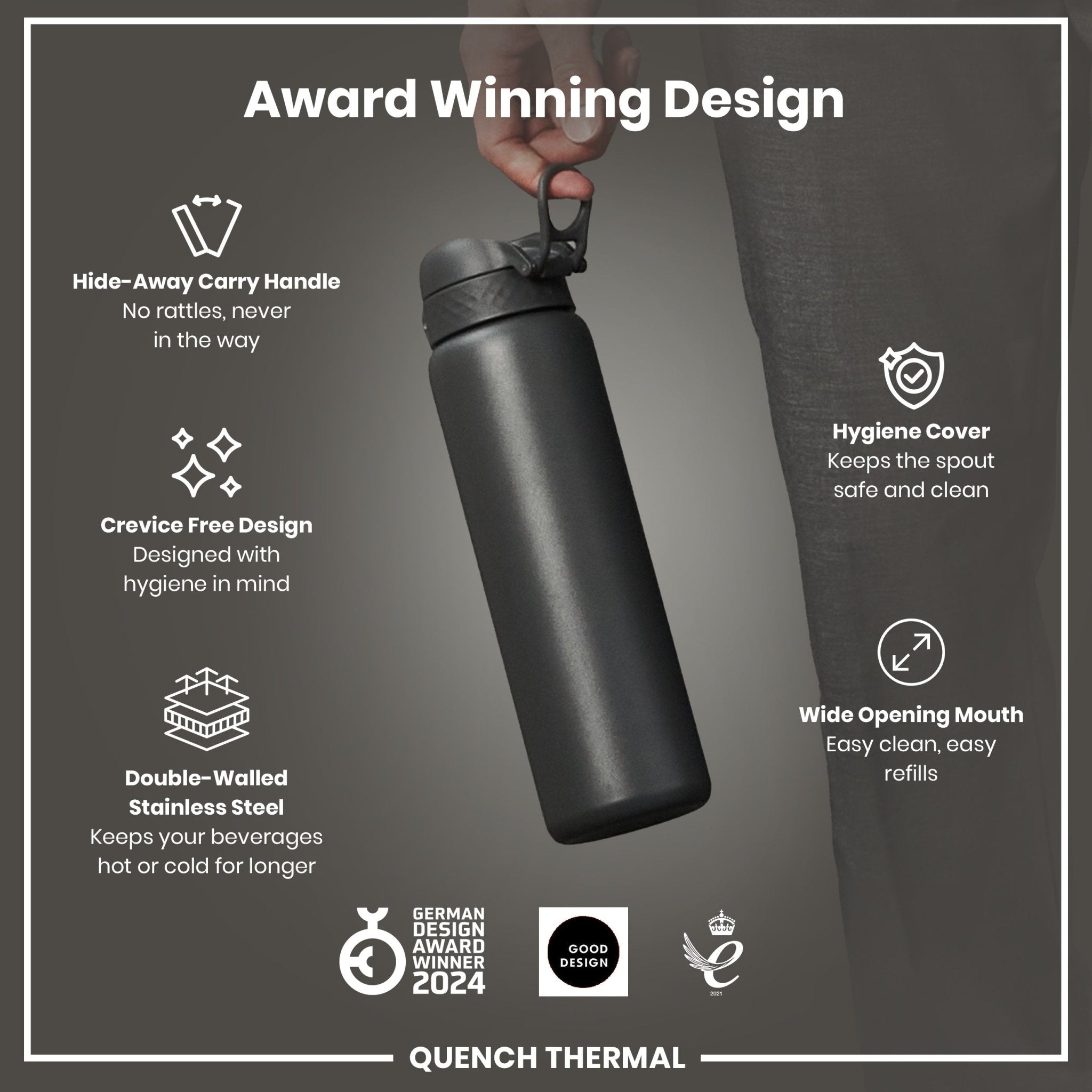 Ion8 1L grey insulated water bottle, leak-proof thermal bottle with a sleek design, perfect for keeping drinks hot or cold.