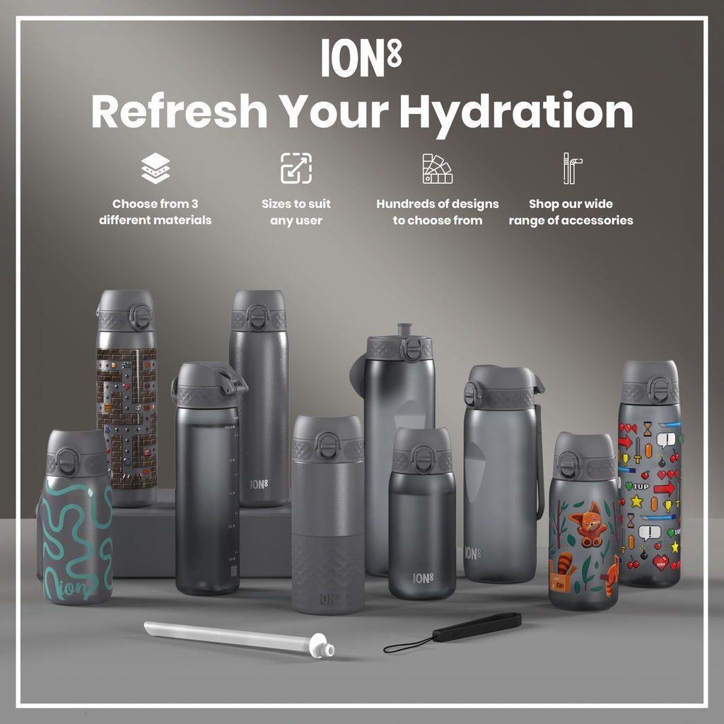ION8 1L grey insulated leak-proof thermal water bottle with a secure lid, designed for keeping drinks hot or cold.
