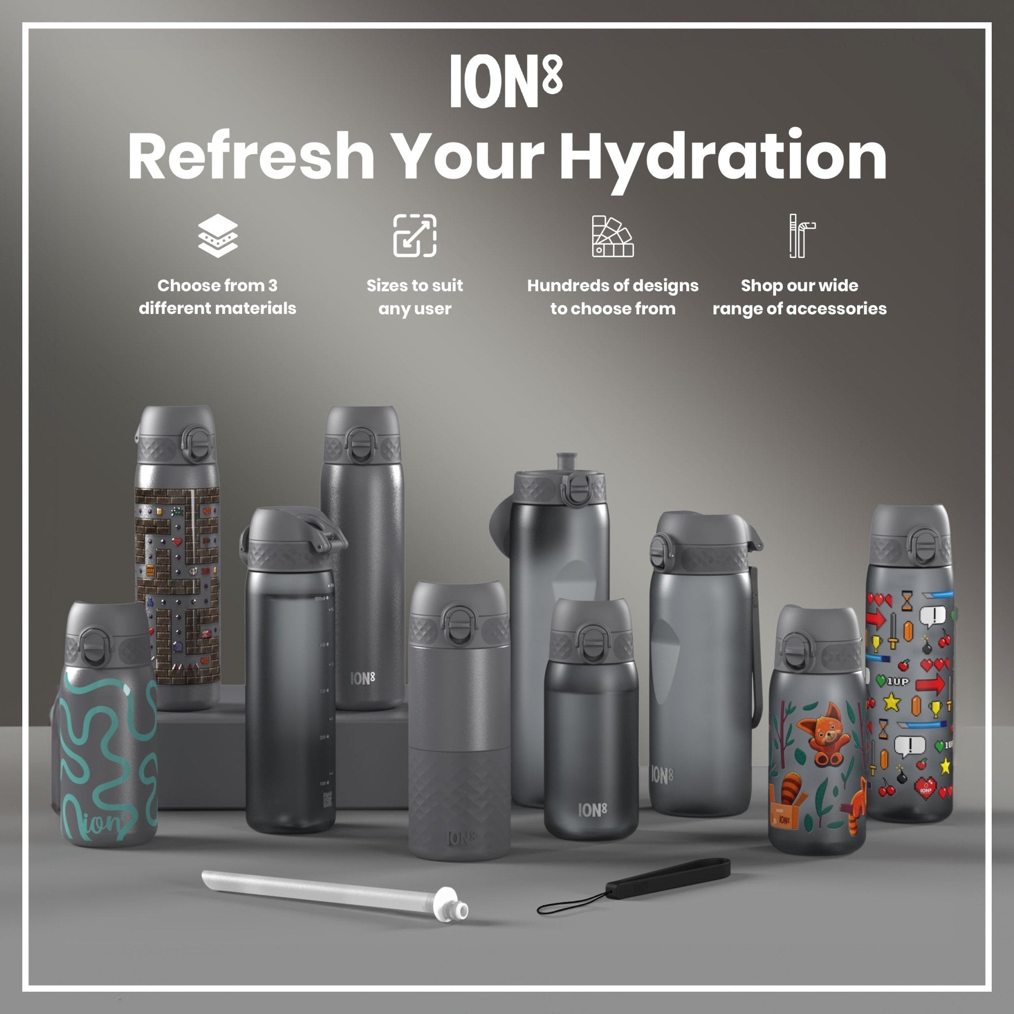 ION8 1L grey insulated leak-proof thermal water bottle with a secure lid, designed for keeping drinks hot or cold.